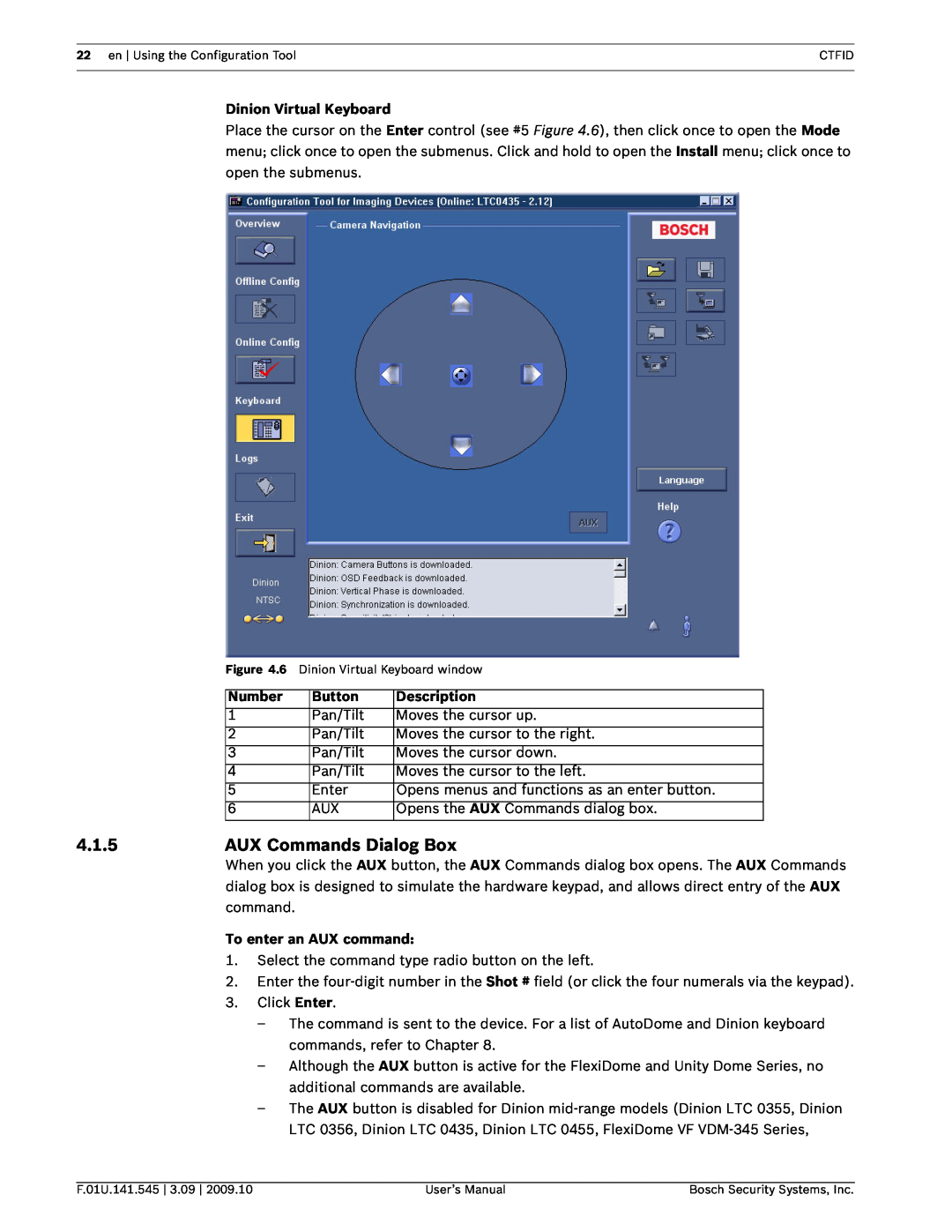 Bosch Appliances VP-CFGSFT user manual 4.1.5, AUX Commands Dialog Box, Dinion Virtual Keyboard, Number, Button, Description 