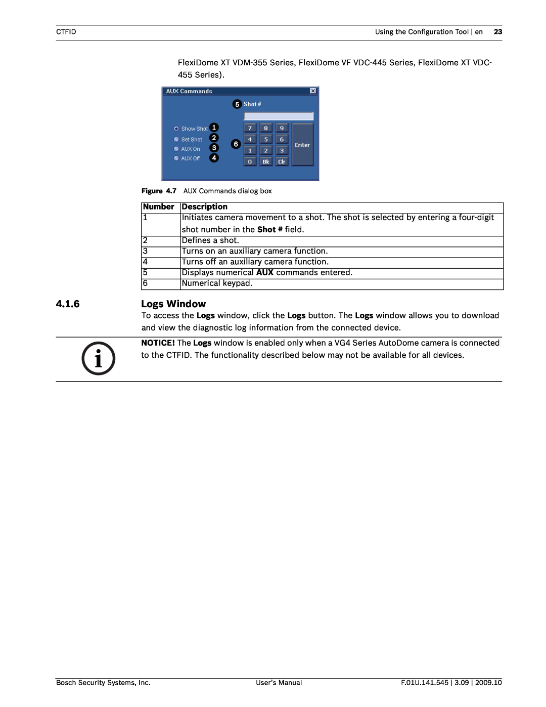 Bosch Appliances VP-CFGSFT user manual 4.1.6Logs Window 