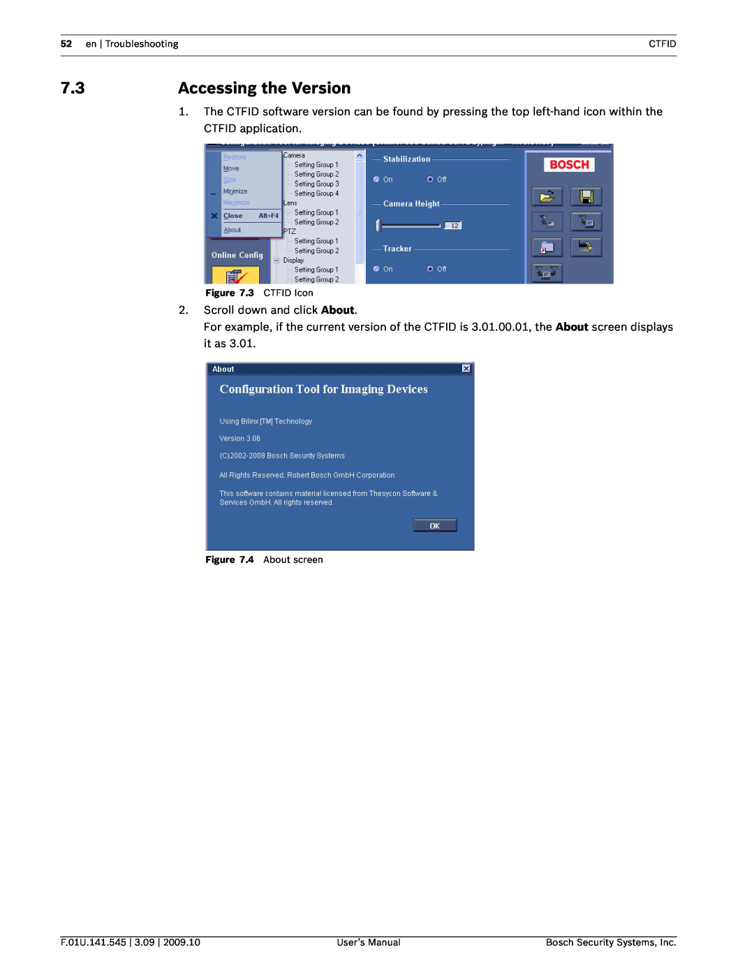 Bosch Appliances VP-CFGSFT user manual 7.3Accessing the Version 