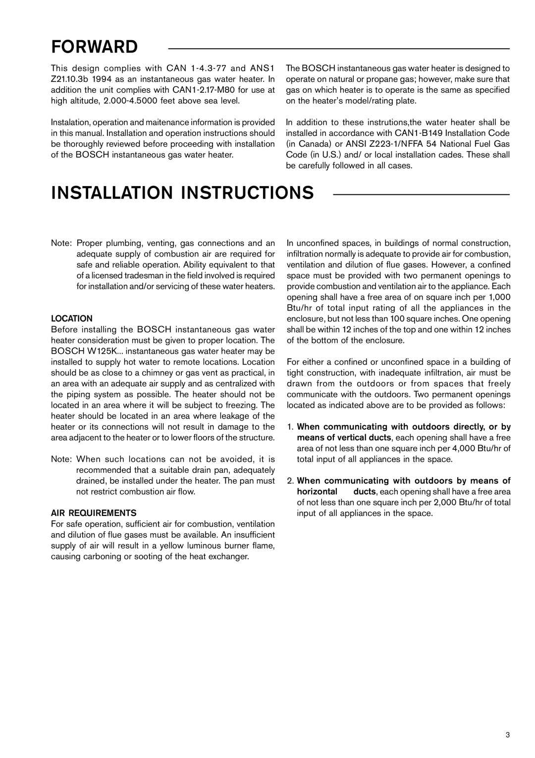 Bosch Appliances W125K, W 125...T1 manual Forward, Installation Instructions, Location, AIR Requirements 