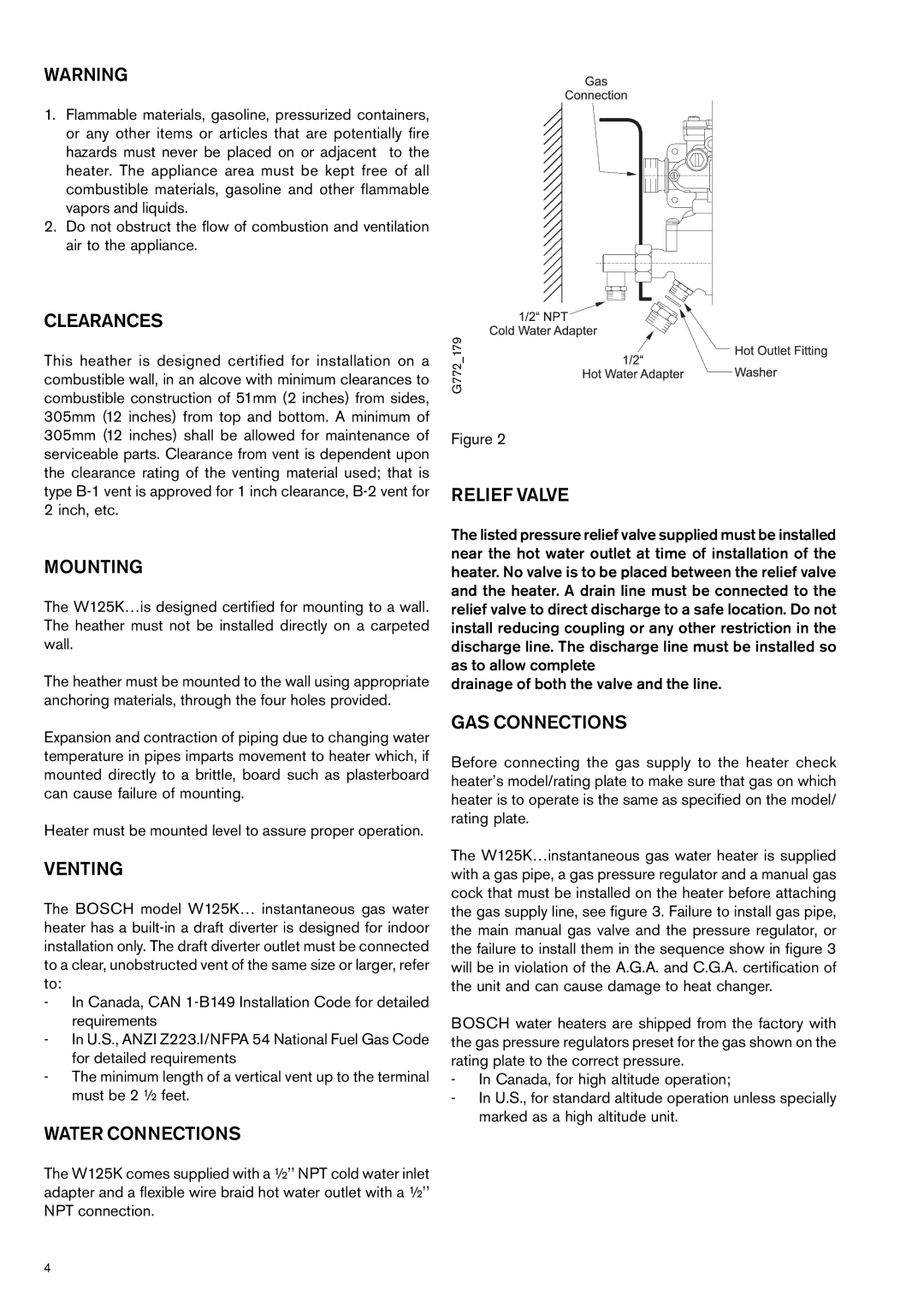 Bosch Appliances W 125...T1, W125K manual Clearances, Mounting, Venting, Water Connections, Relief Valve, GAS Connections 