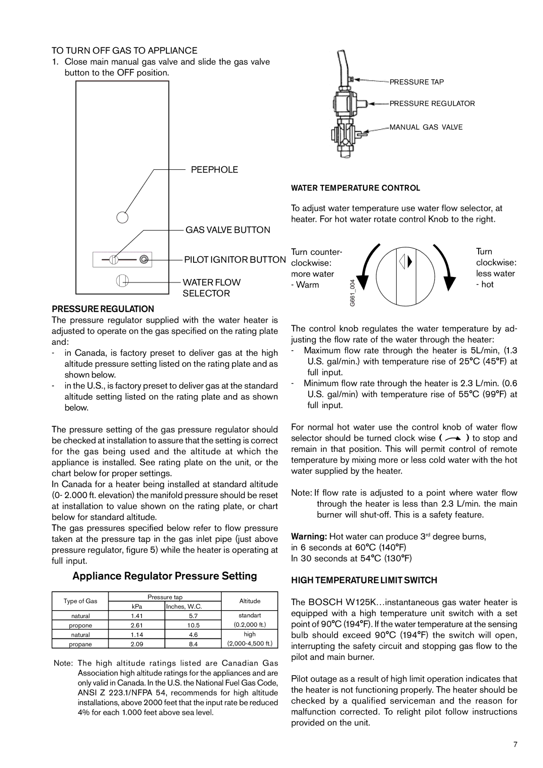 Bosch Appliances W125K, W 125...T1 manual To Turn OFF GAS to Appliance, Peephole, High Temperature Limit Switch 