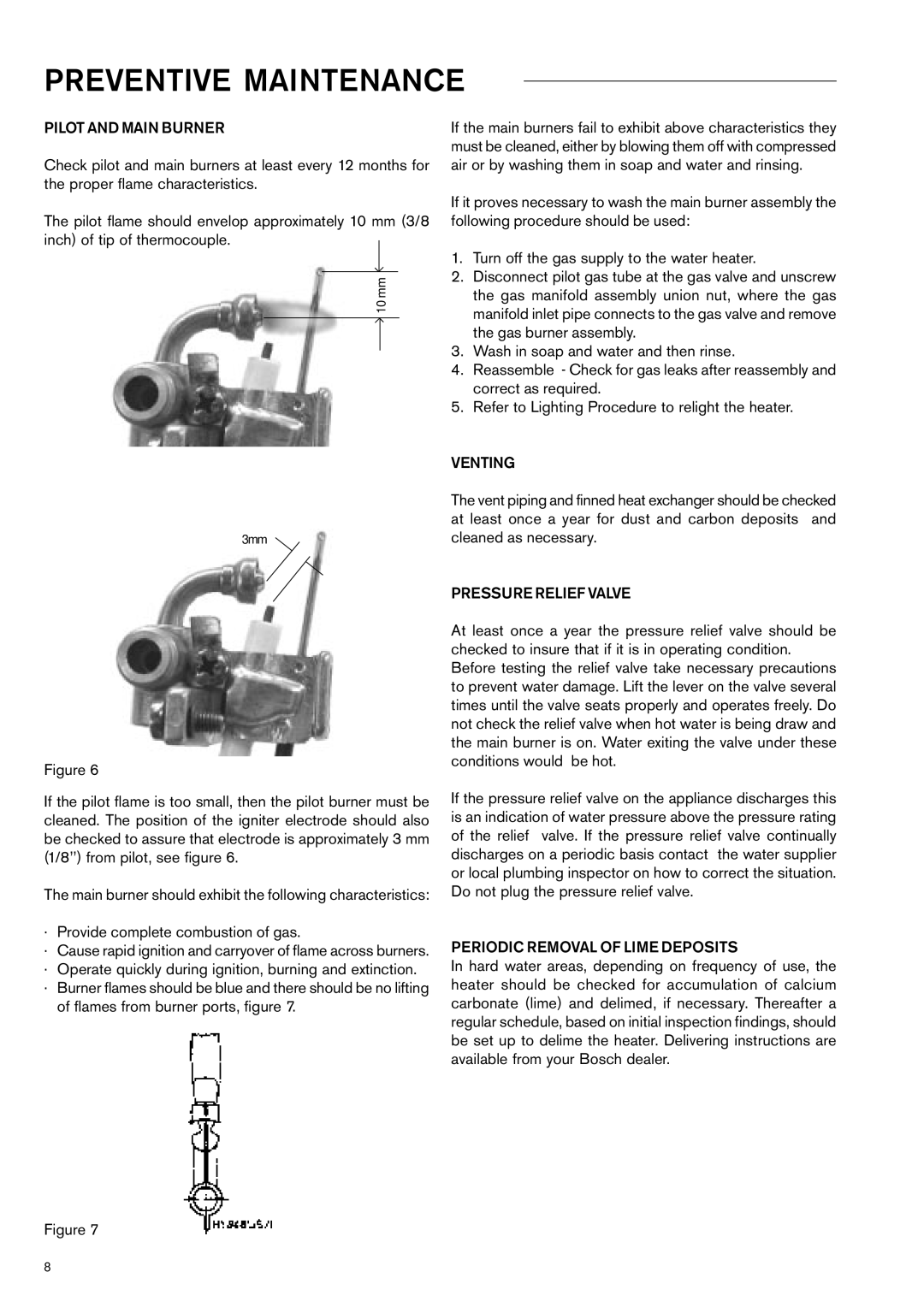 Bosch Appliances W 125...T1, W125K manual Preventive Maintenance, Pilot and Main Burner, Venting, Pressure Relief Valve 