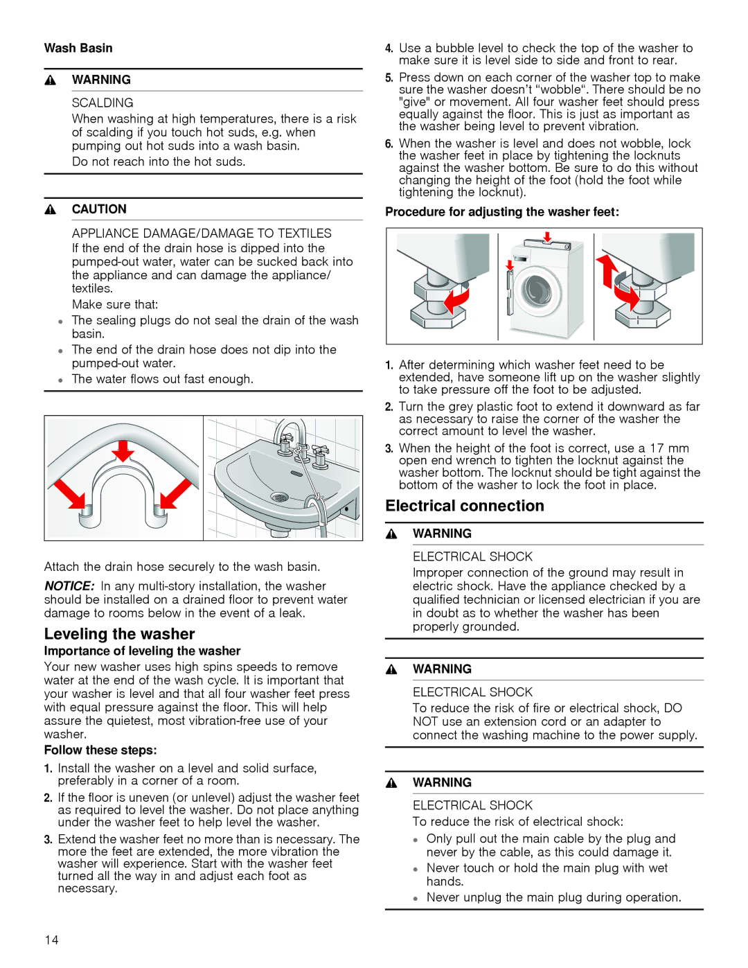 Bosch Appliances WAP24201UC manual Leveling the washer, Electrical connection 