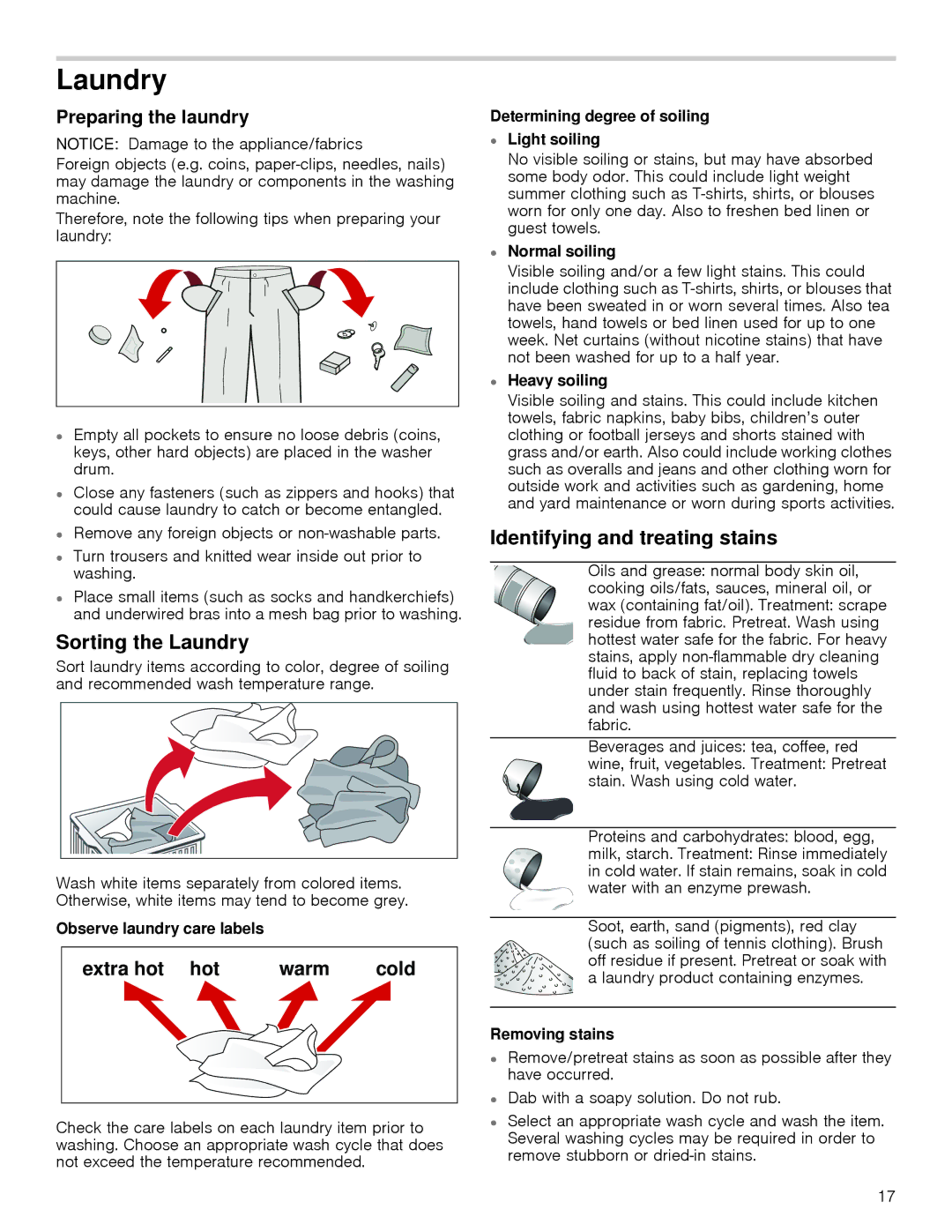 Bosch Appliances WAP24201UC manual Sorting the Laundry, Identifying and treating stains, Preparing the laundry 