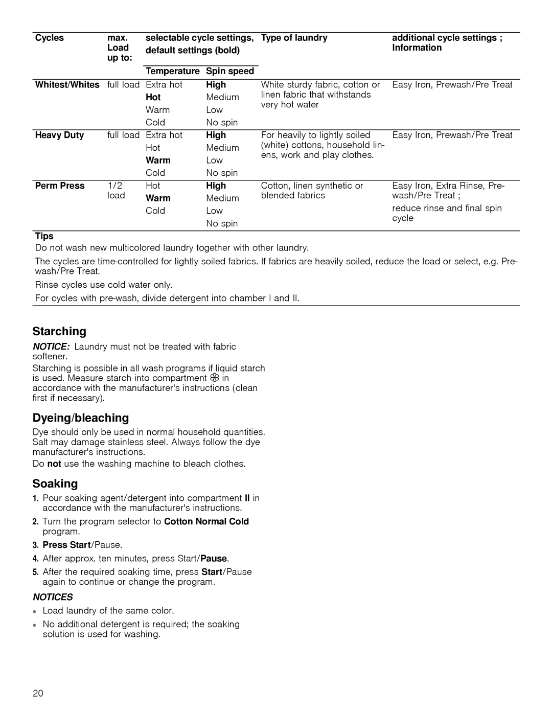 Bosch Appliances WAP24201UC manual Starching, Dyeing/bleaching, Soaking 