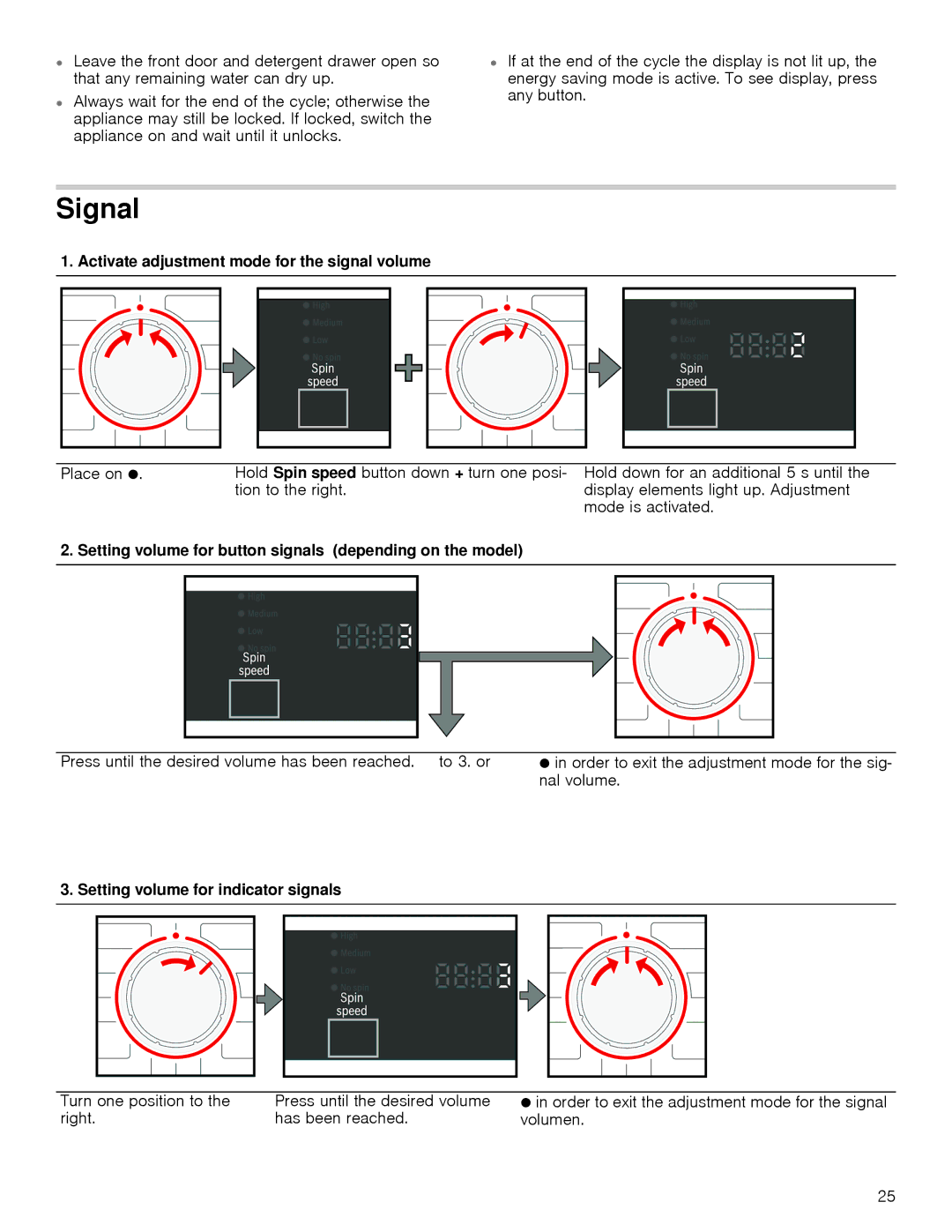 Bosch Appliances WAP24201UC Signal, Activate adjustment mode for the signal volume, Setting volume for indicator signals 