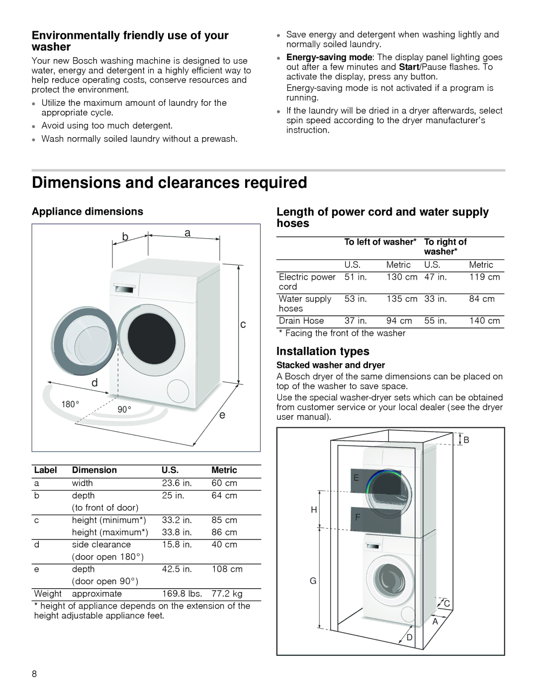 Bosch Appliances WAP24201UC manual Dimensions and clearances required, Environmentally friendly use of your washer 