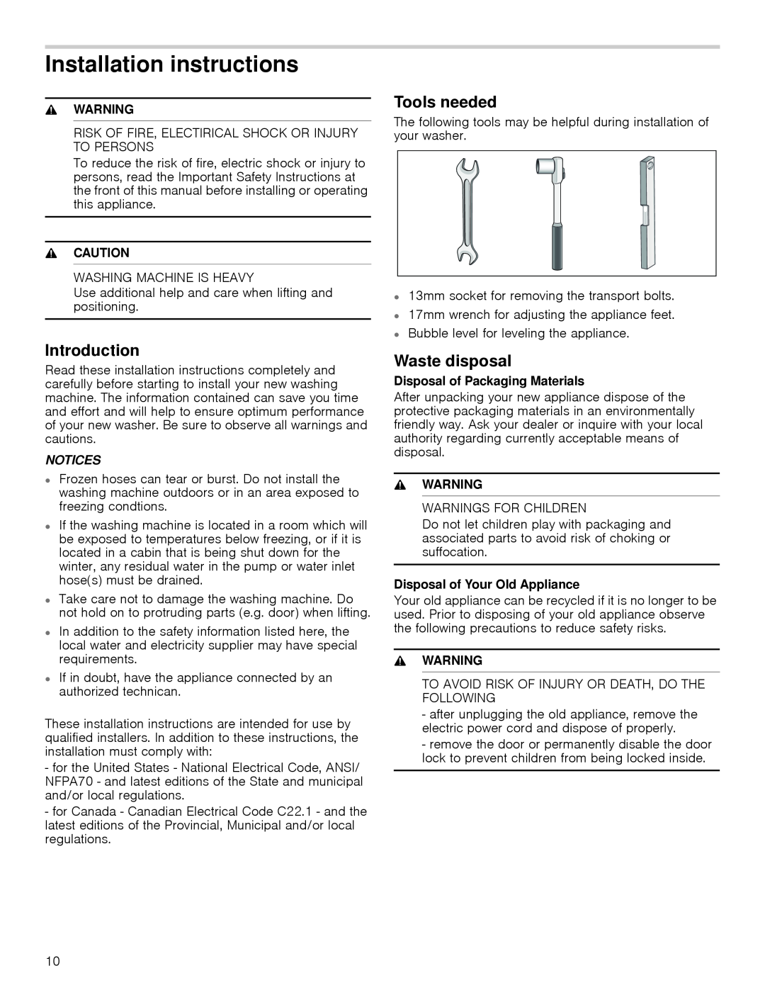 Bosch Appliances WAP24201UC manual Installation instructions, Tools needed, Introduction, Waste disposal, Notices, Warning 