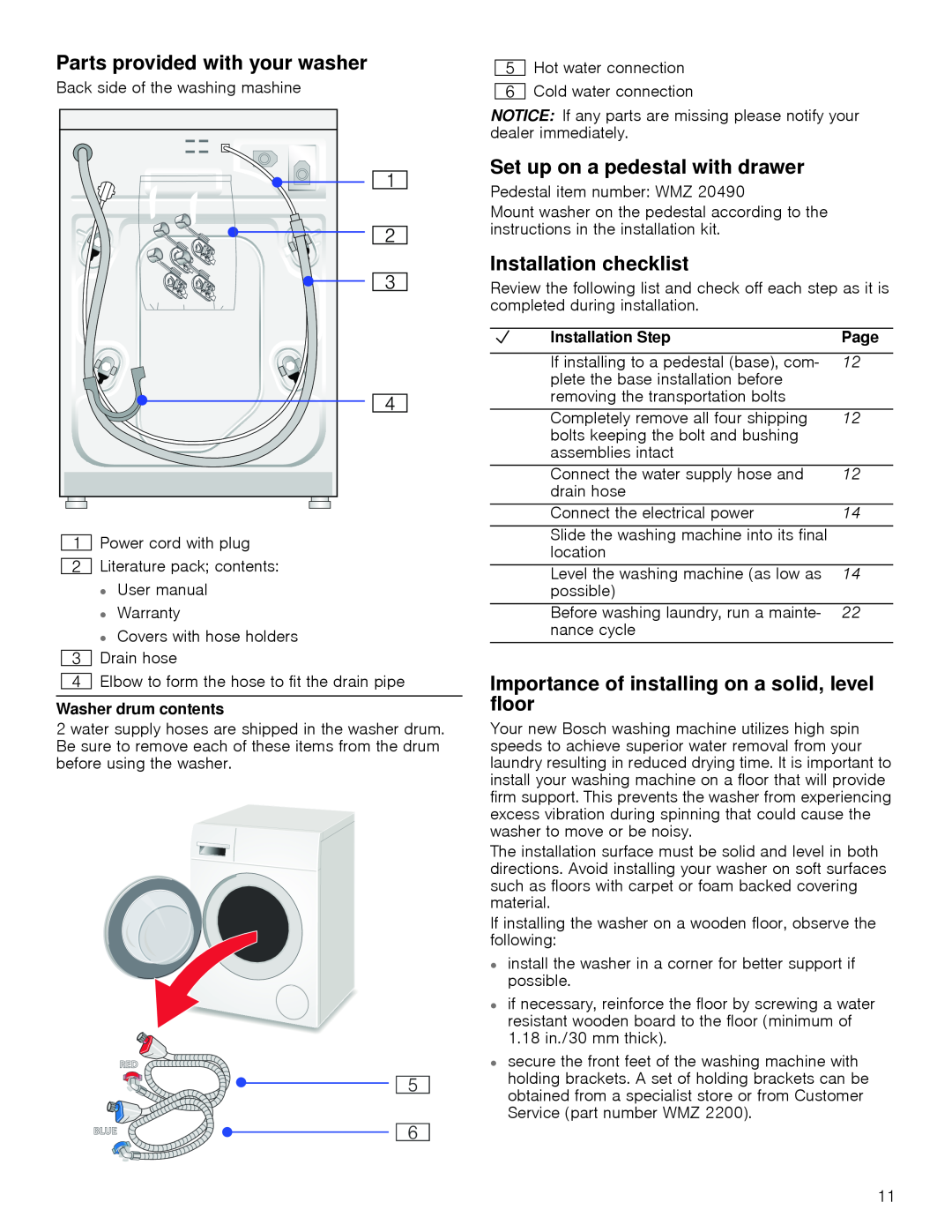 Bosch Appliances WAP24201UC Parts provided with your washer, Set up on a pedestal with drawer, Installation checklist 