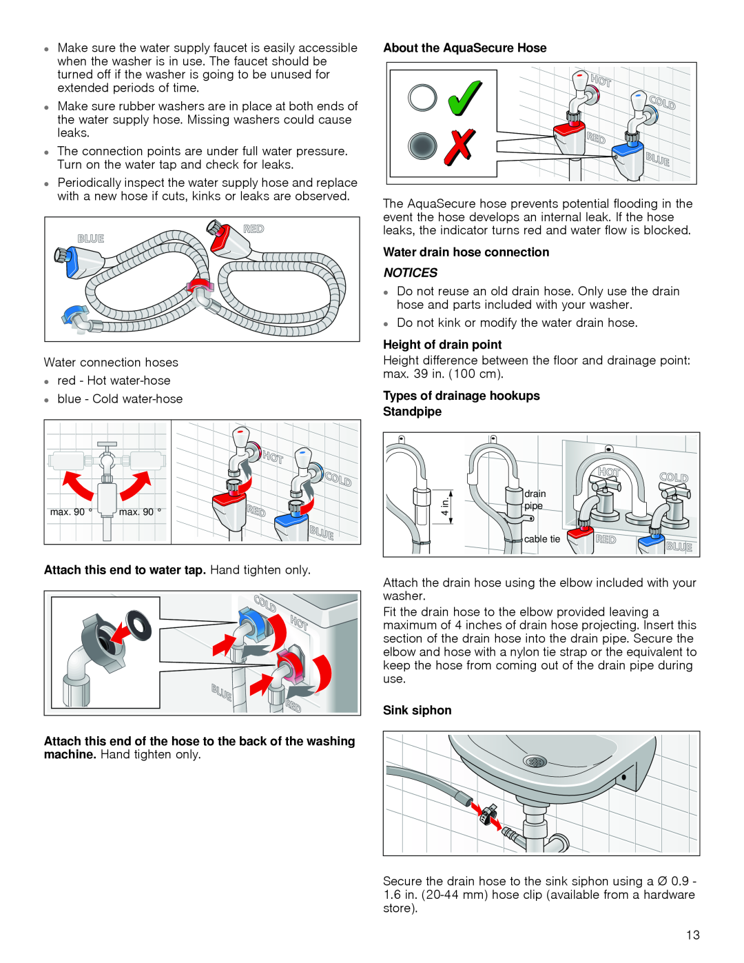 Bosch Appliances WAP24201UC manual Attach this end to water tap. Hand tighten only, About the AquaSecure Hose, Sink siphon 