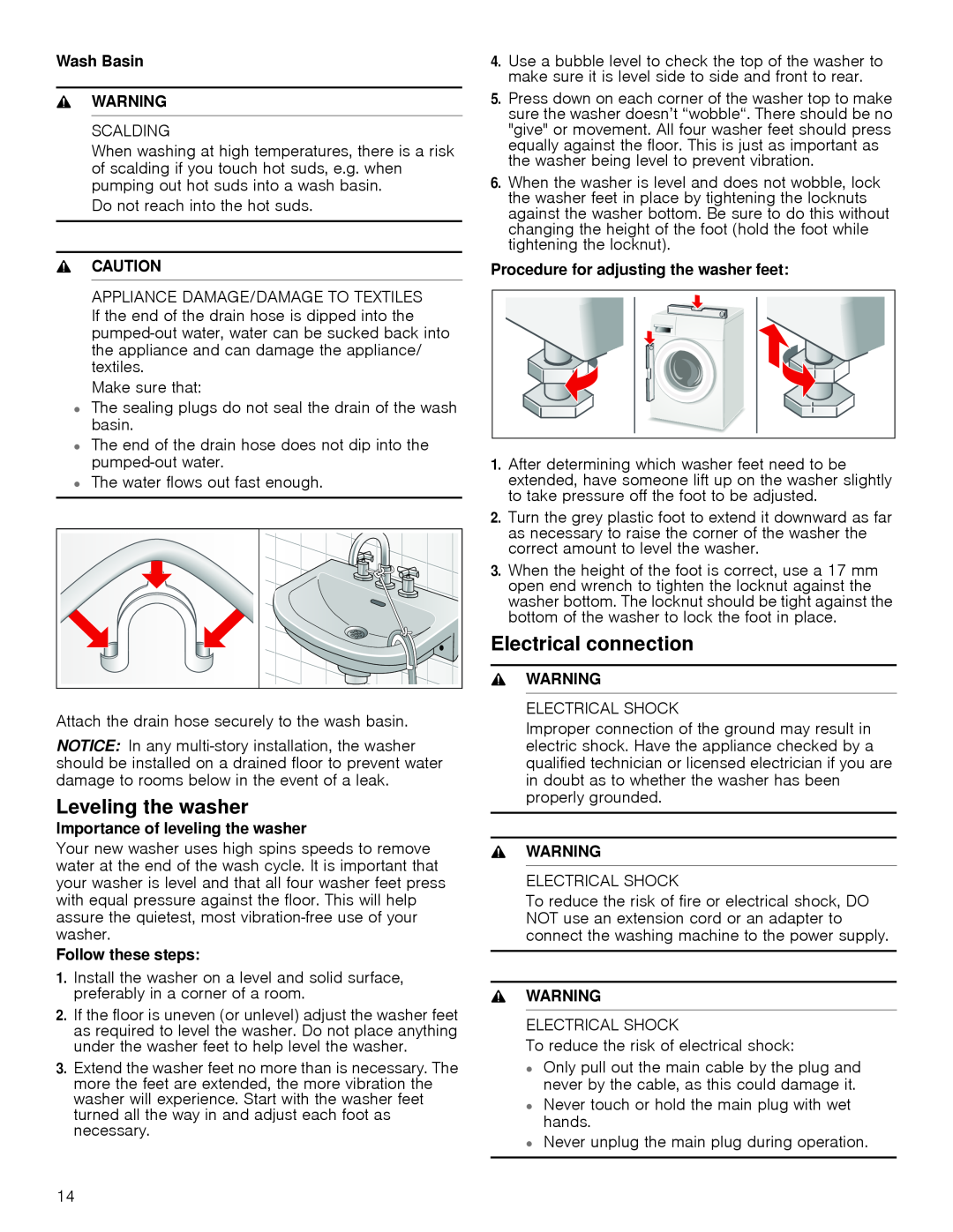 Bosch Appliances WAP24201UC Leveling the washer, Electrical connection, Wash Basin 9 WARNING, Follow these steps, Caution 
