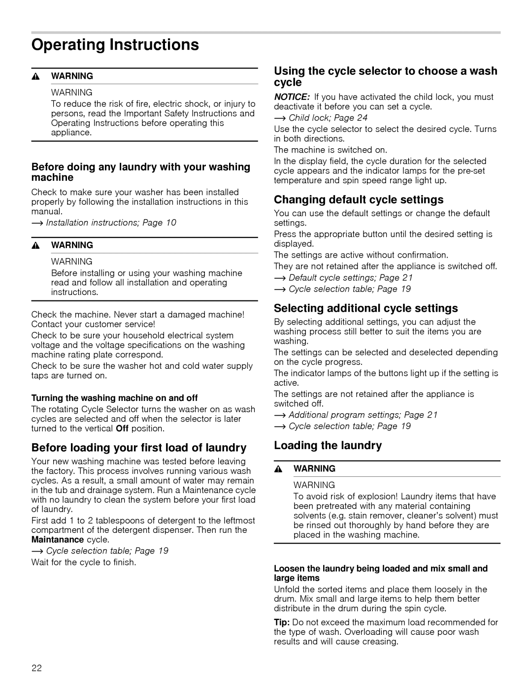 Bosch Appliances WAP24201UC manual Operating Instructions, Before loading your first load of laundry, Loading the laundry 