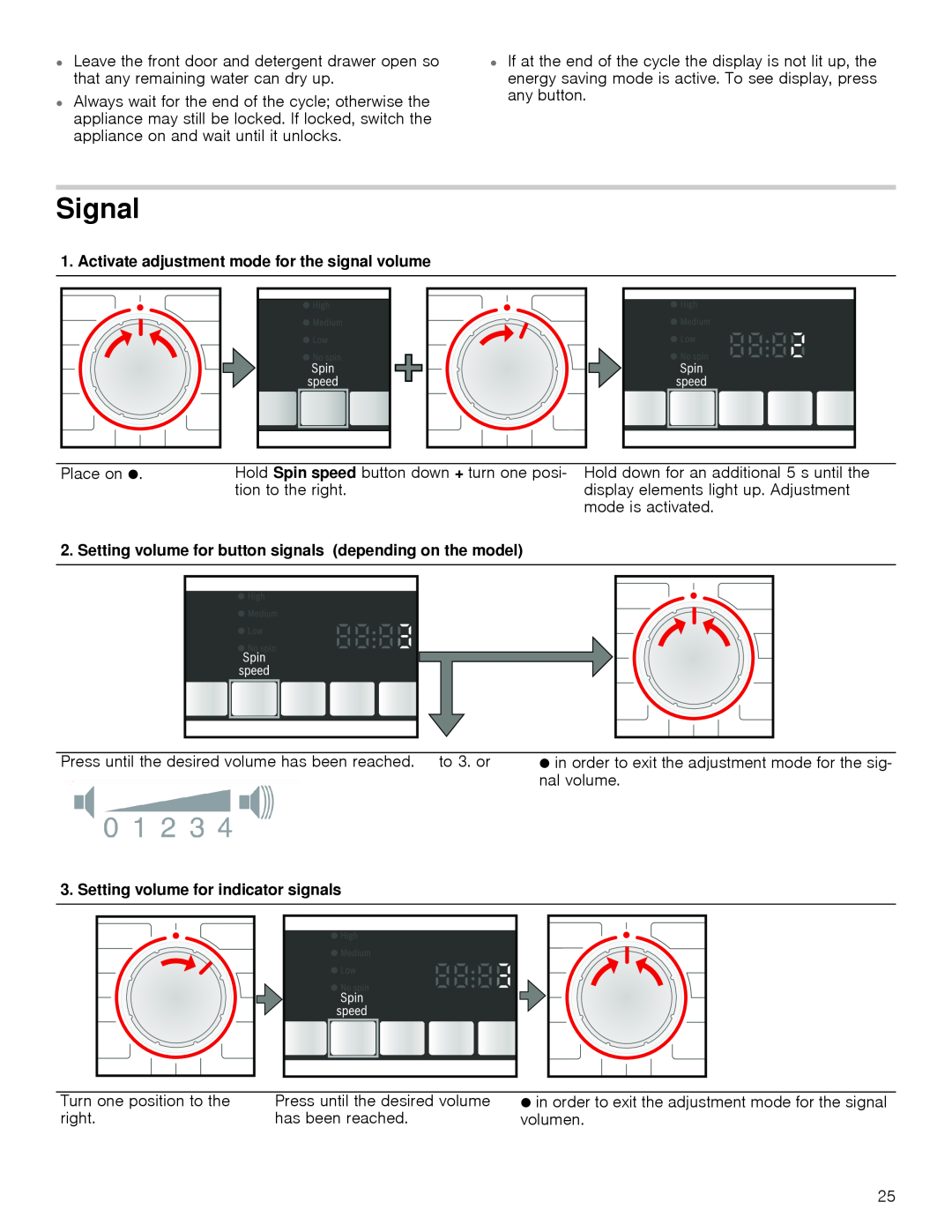 Bosch Appliances WAP24201UC Signal, Activate adjustment mode for the signal volume, Setting volume for indicator signals 