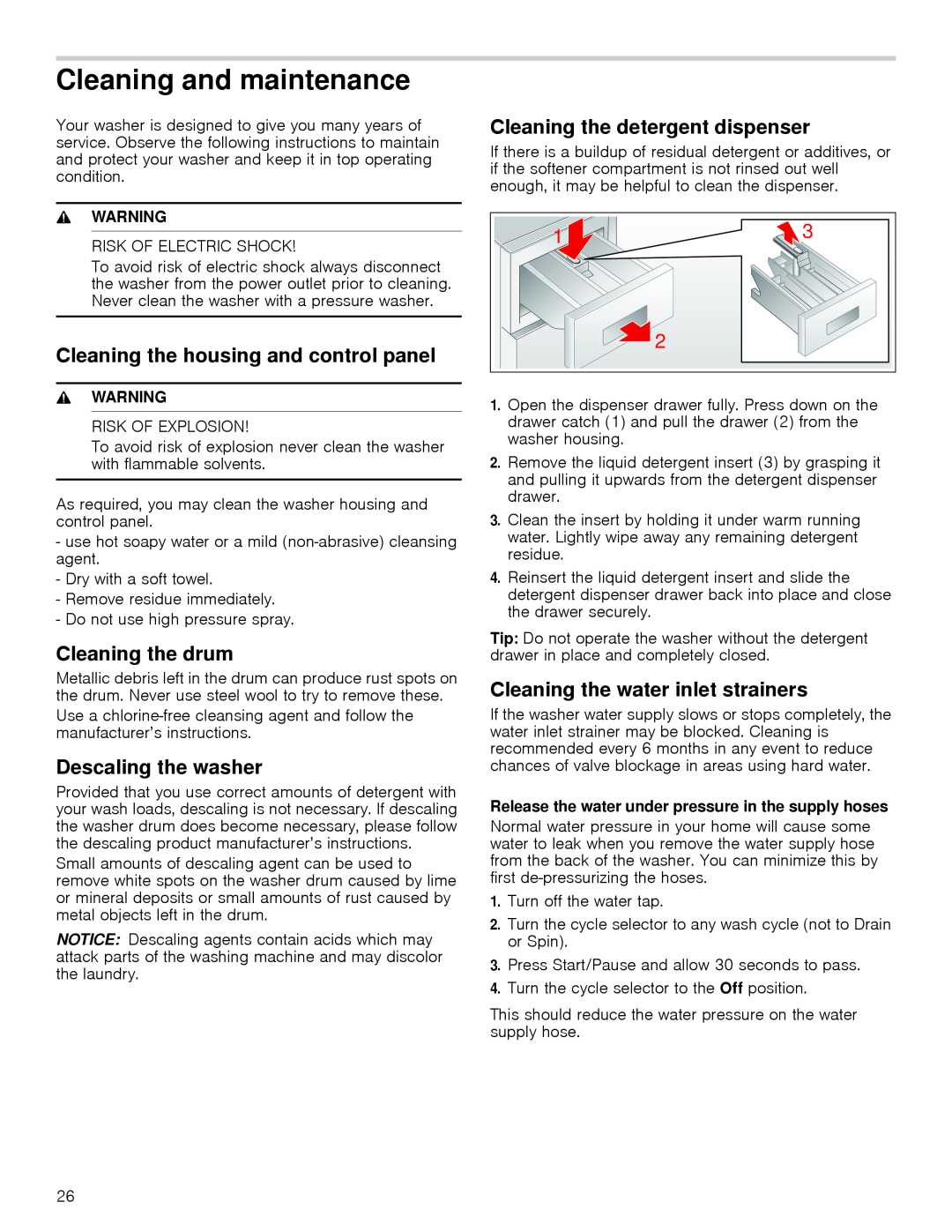 Bosch Appliances WAP24201UC manual Cleaning and maintenance, Cleaning the detergent dispenser, Cleaning the drum, Warning 