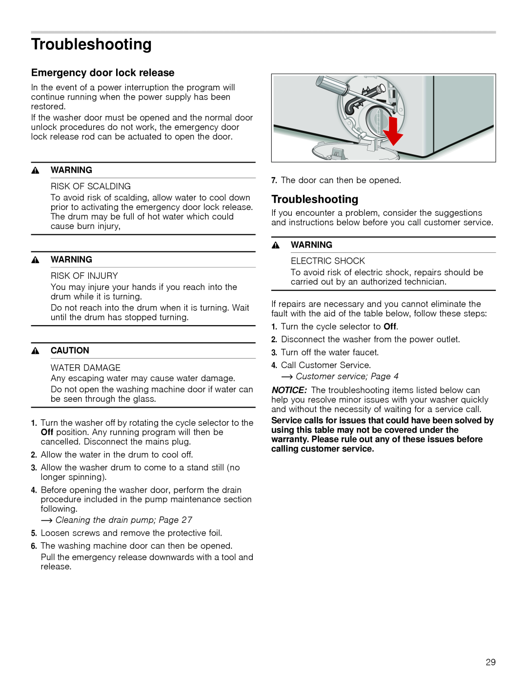 Bosch Appliances WAP24201UC Troubleshooting, Emergency door lock release, ~ Cleaning the drain pump Page, Warning, Caution 