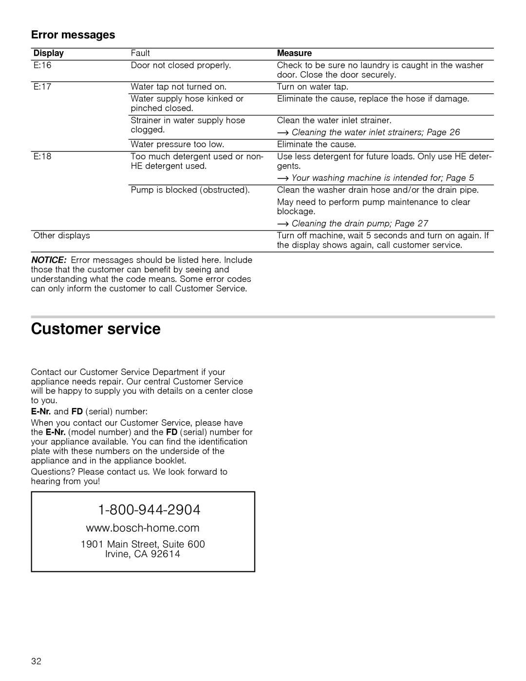 Bosch Appliances WAP24201UC manual Customer service, , Error messages, ZzzErvfkKrphFrp, Display, Measure 