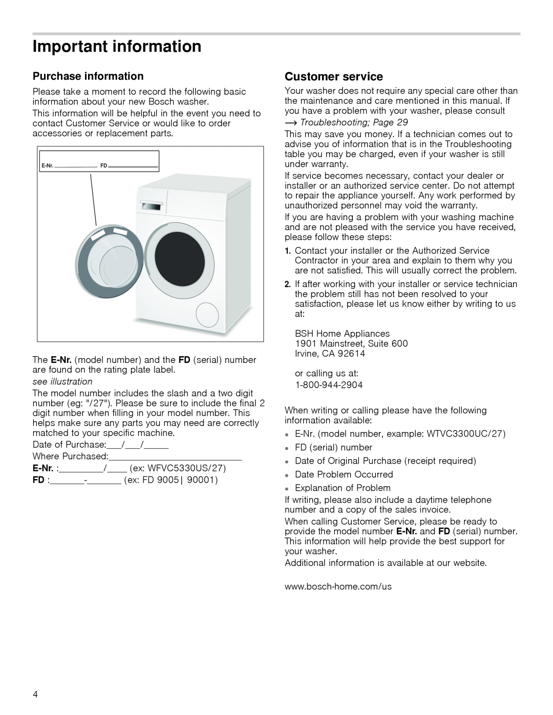 Bosch Appliances WAP24201UC manual Important information, Customer service, Purchase information, see illustration 