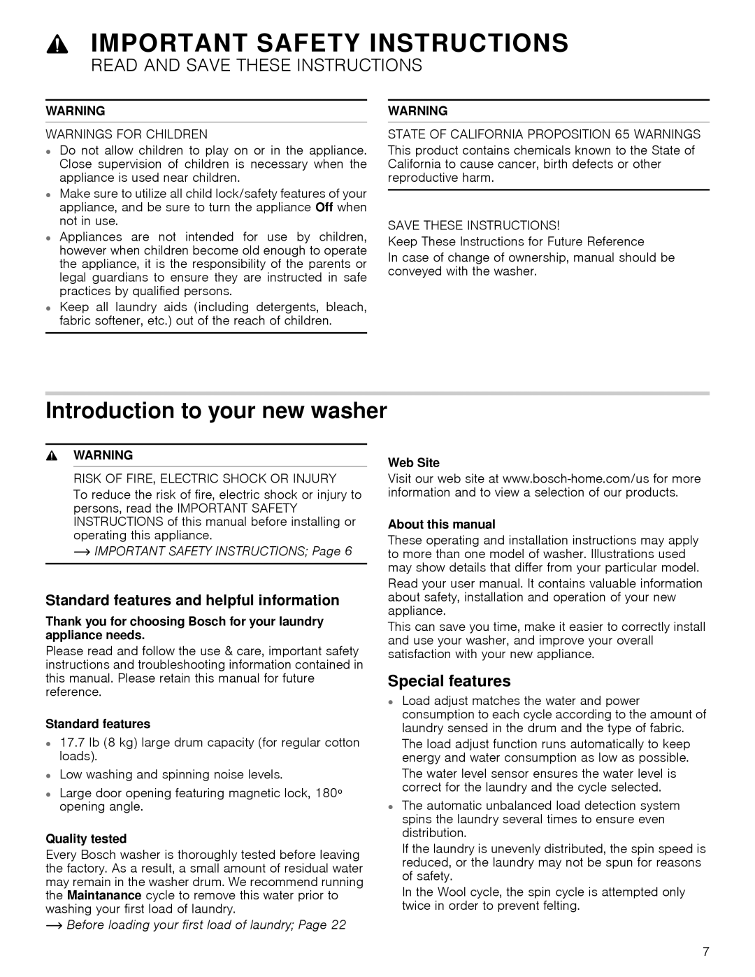 Bosch Appliances WAP24201UC Introduction to your new washer, Special features, Standard features and helpful information 