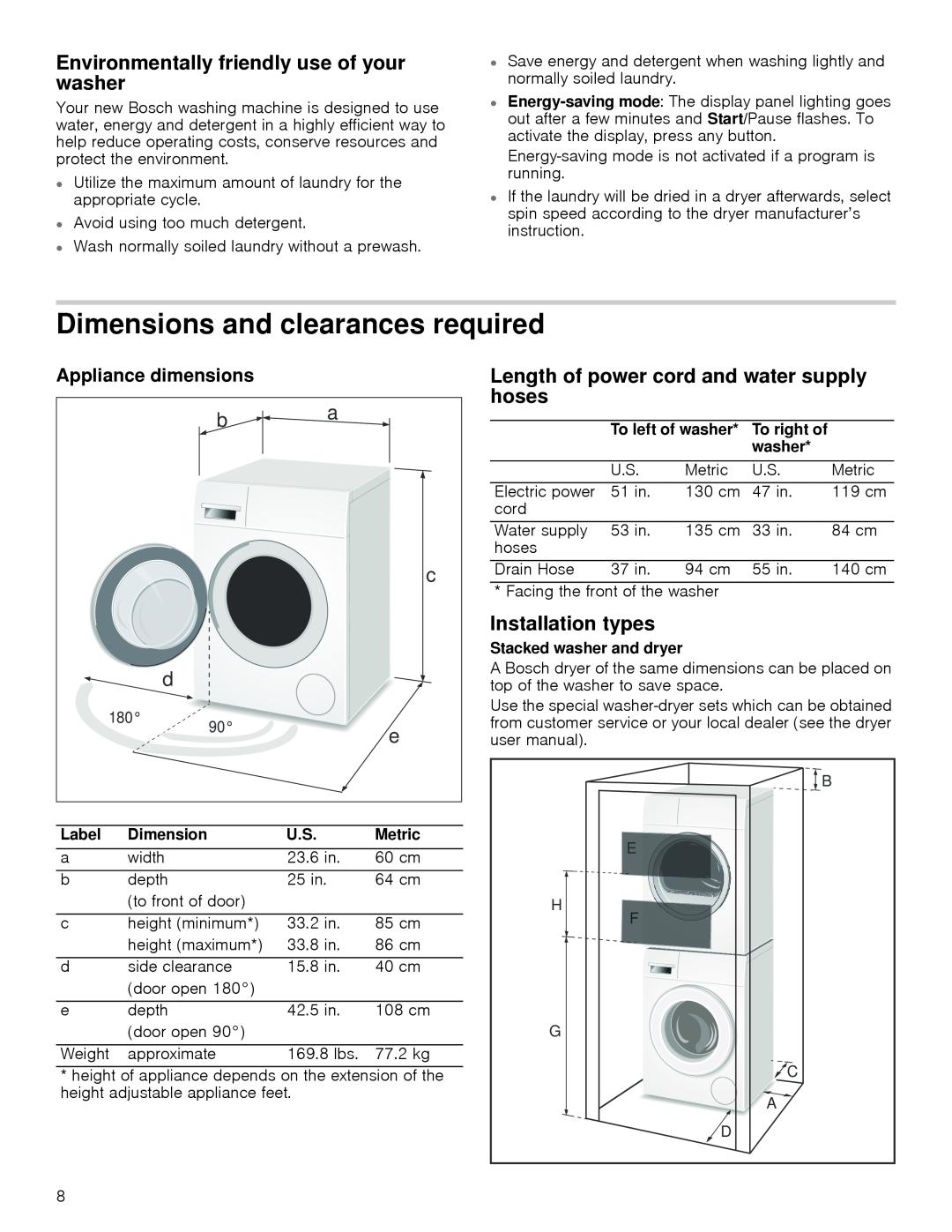 Bosch Appliances WAP24201UC Dimensions and clearances required, Environmentally friendly use of your washer, Label, Metric 