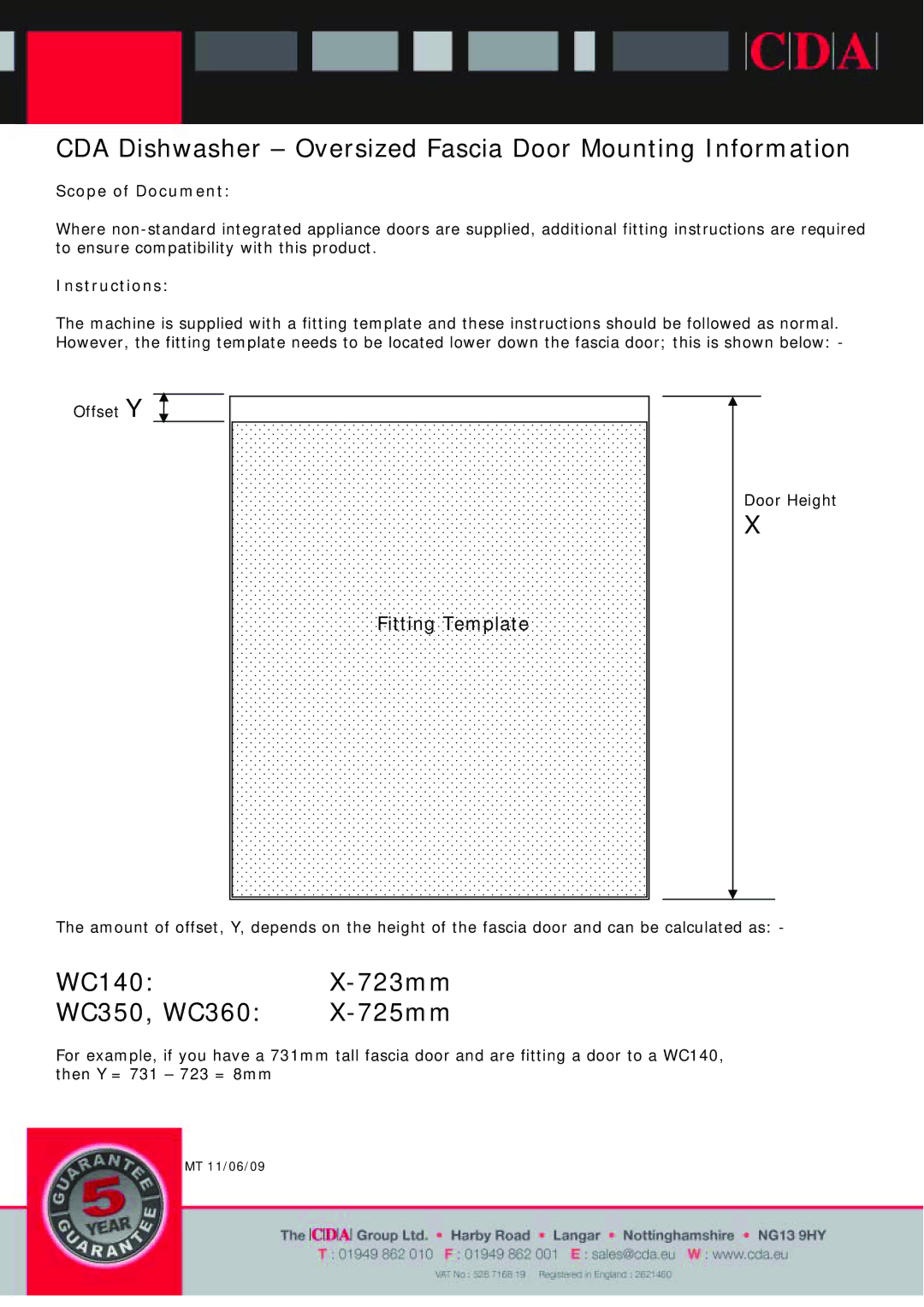 Bosch Appliances WC140 manual CDA Dishwasher Oversized Fascia Door Mounting Information 