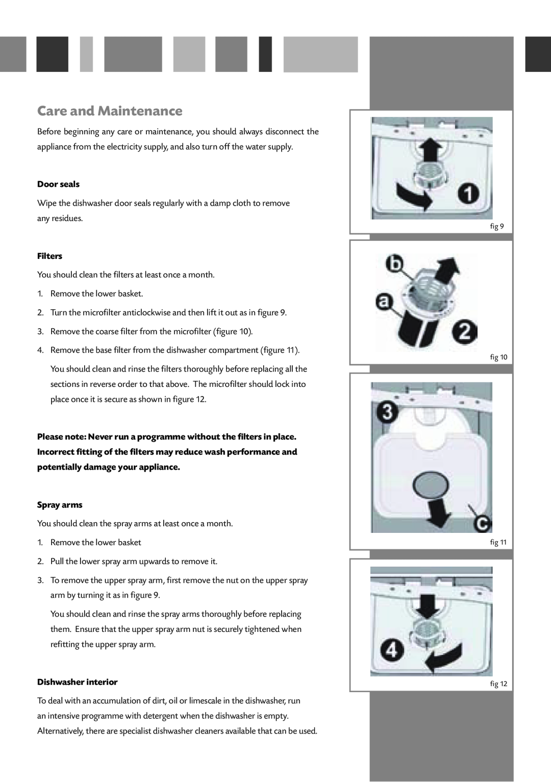 Bosch Appliances WC140 manual Care and Maintenance, Door seals, Filters, Spray arms, Dishwasher interior 