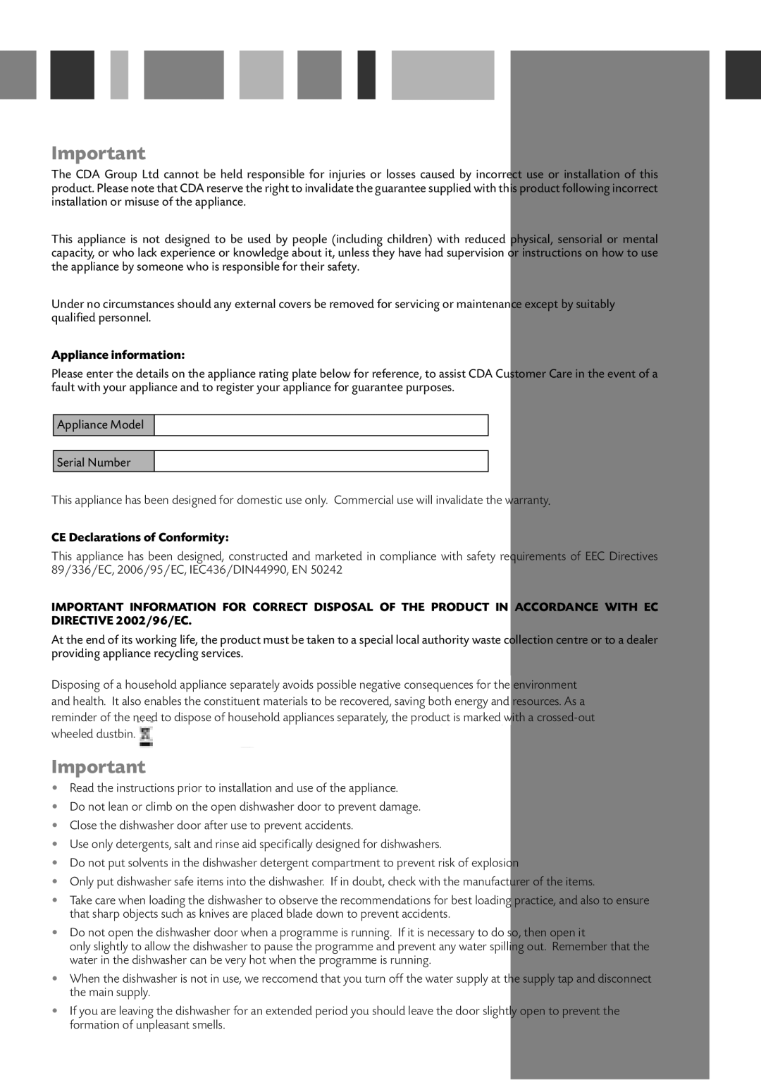 Bosch Appliances WC140 manual Appliance information, CE Declarations of Conformity 