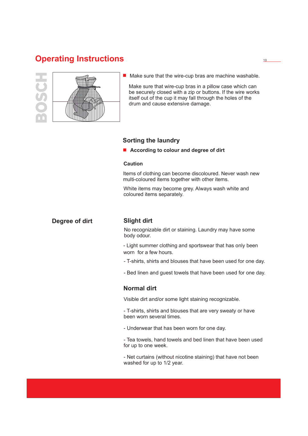 Bosch Appliances WFD50818 installation instructions Degree of dirt, Sorting the laundry, Slight dirt, Normal dirt 