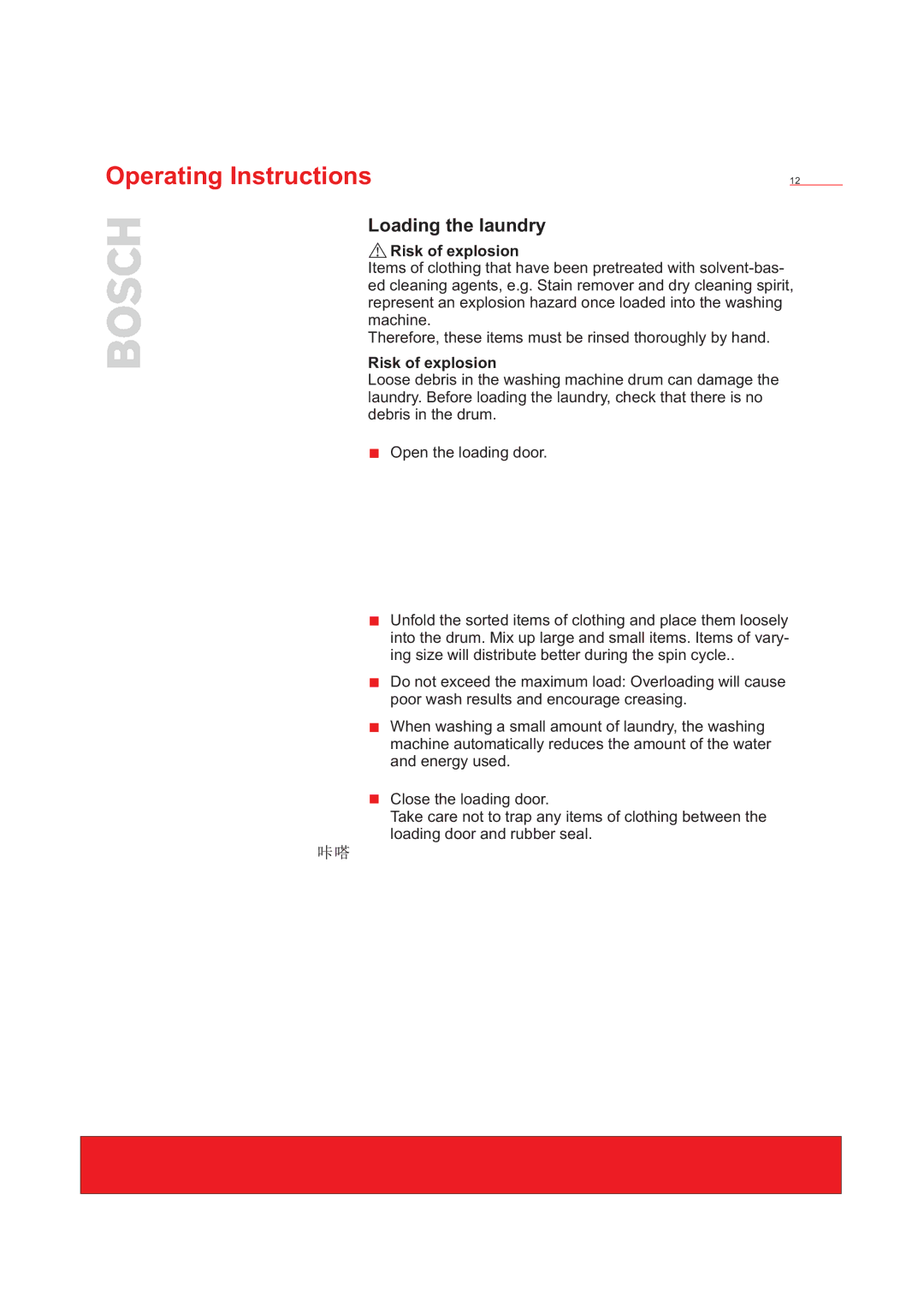 Bosch Appliances WFD50818 installation instructions Loading the laundry, Risk of explosion 