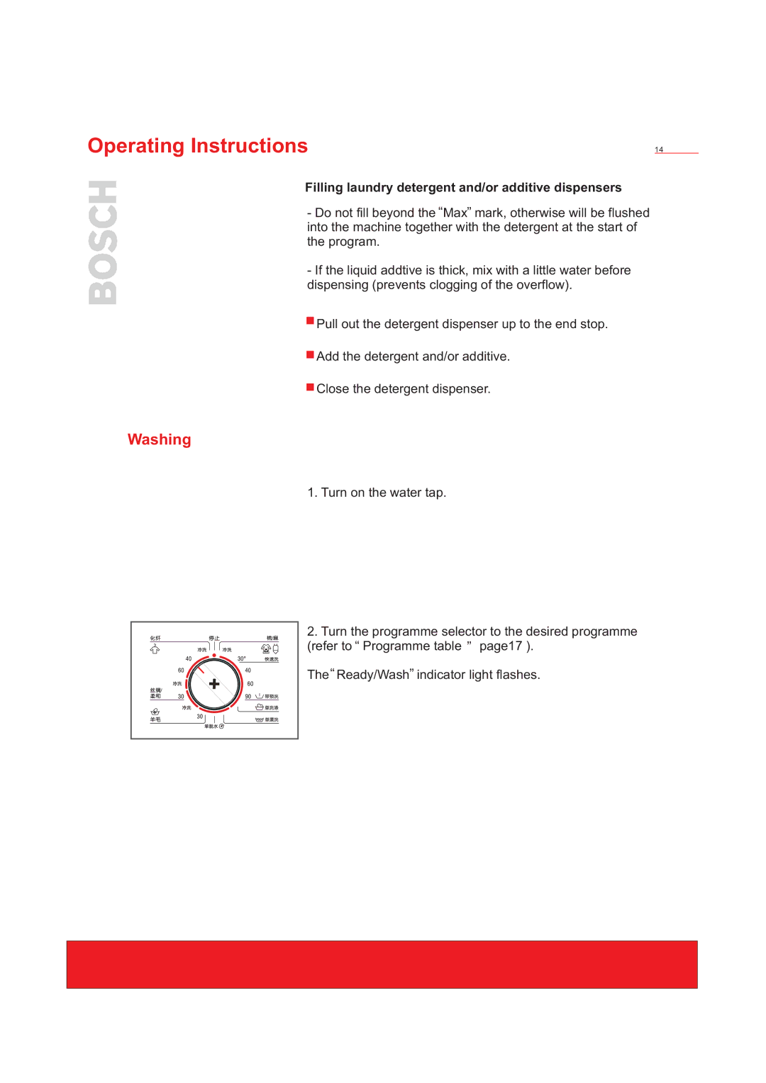 Bosch Appliances WFD50818 installation instructions Washing, Filling laundry detergent and/or additive dispensers 