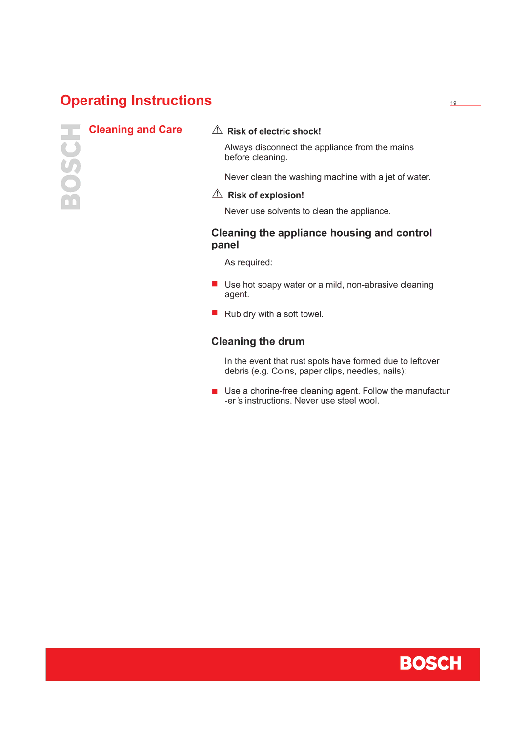 Bosch Appliances WFD50818 Cleaning and Care, Cleaning the appliance housing and control panel, Cleaning the drum 