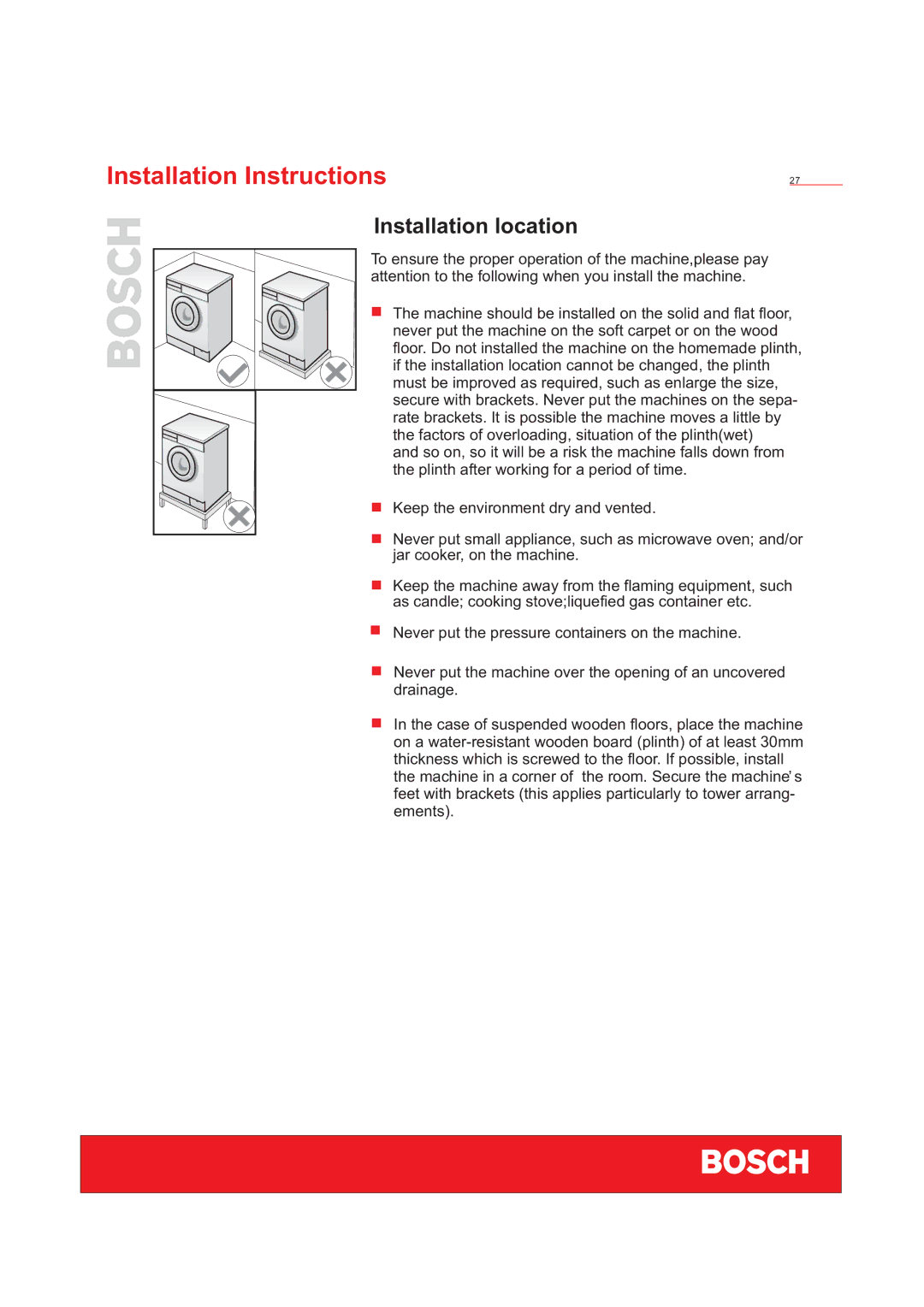 Bosch Appliances WFD50818 installation instructions Installation location 