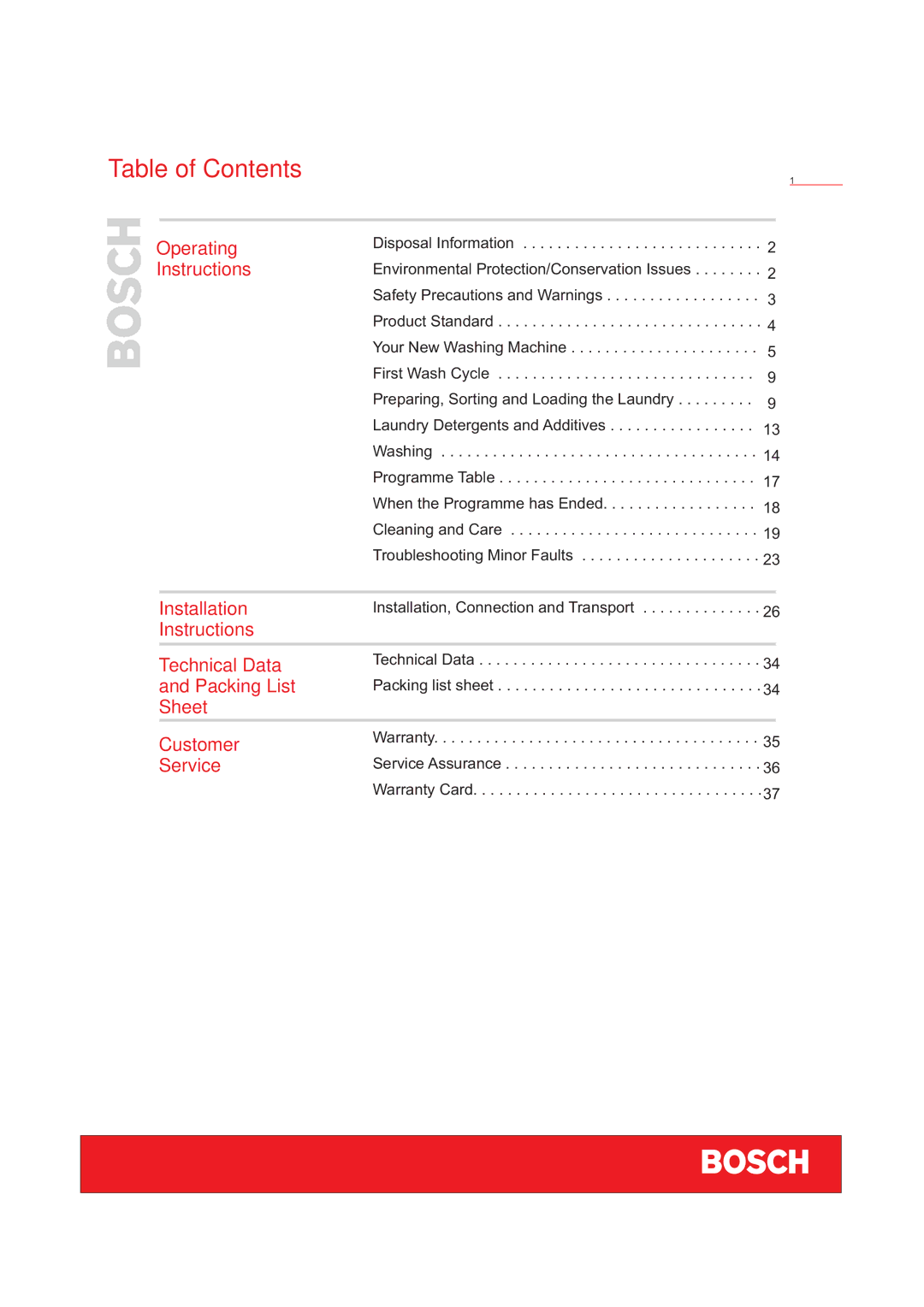 Bosch Appliances WFD50818 installation instructions Table of Contents 