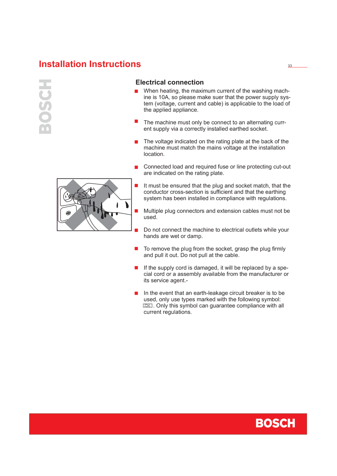 Bosch Appliances WFD50818 installation instructions Electrical connection 