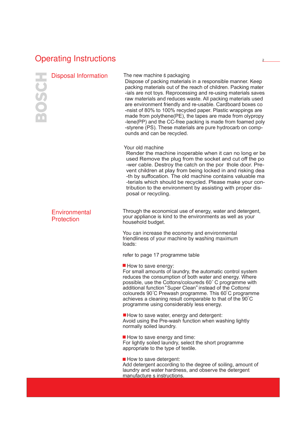 Bosch Appliances WFD50818 installation instructions Disposal Information Environmental Protection 