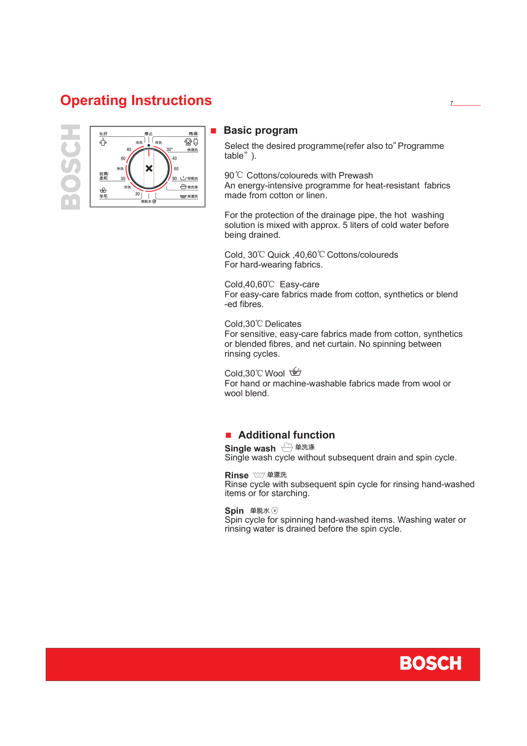 Bosch Appliances WFD50818 installation instructions Basic program, Additional function, Single wash, Rinse, Spin 