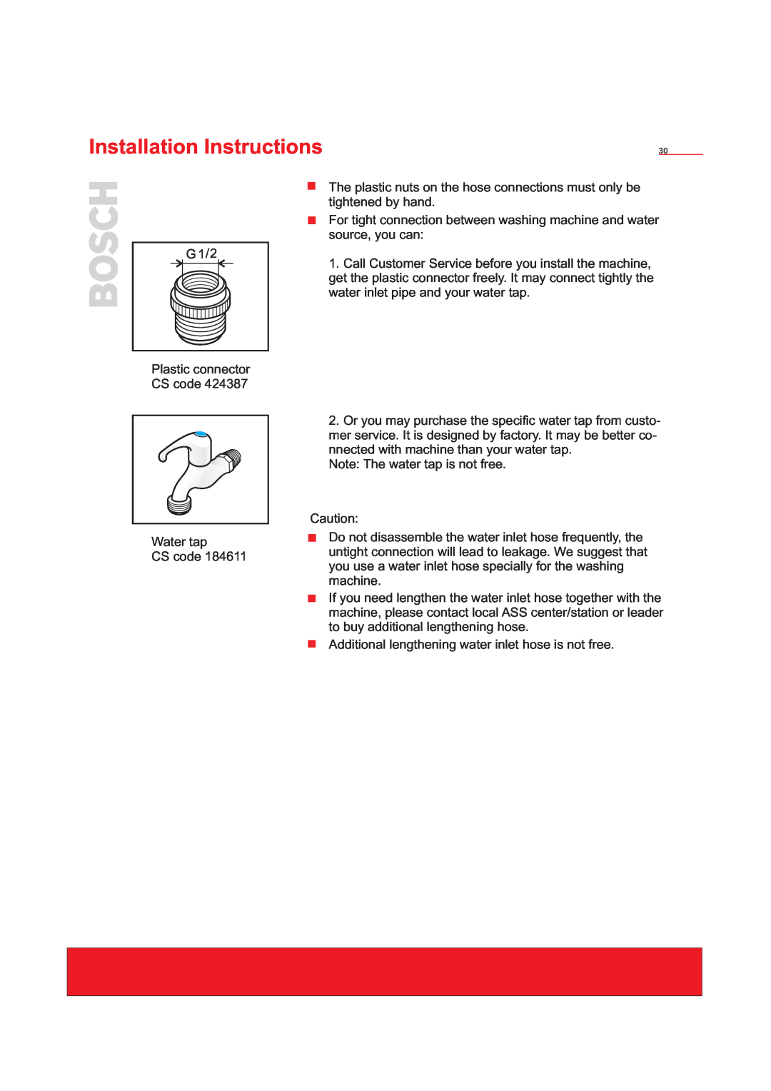 Bosch Appliances WFD50818 Installation Instructions, G 1/2 Plastic connector CS code Water tap CS code 