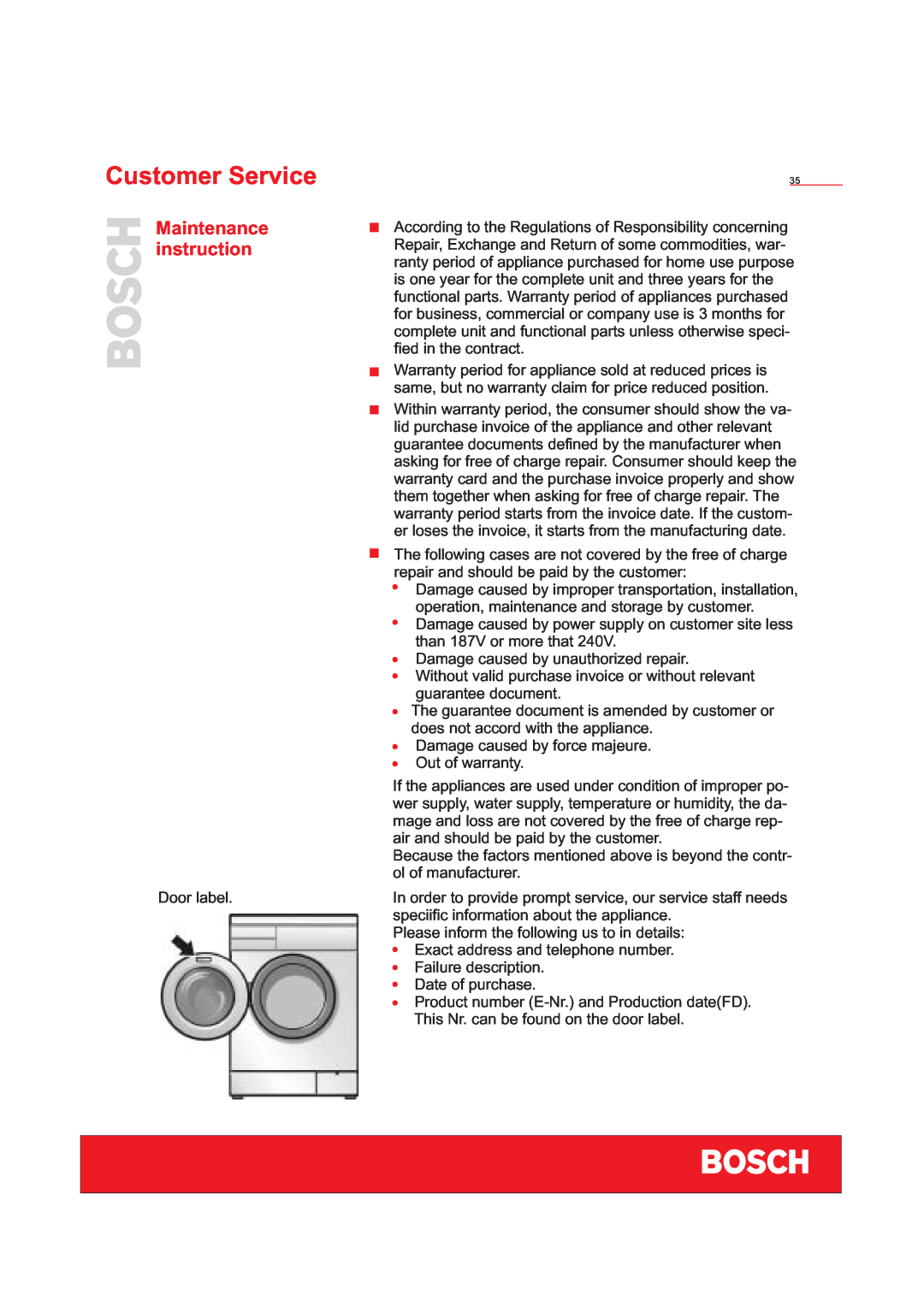Bosch Appliances WFD50818 installation instructions Customer Service, Maintenance instruction 