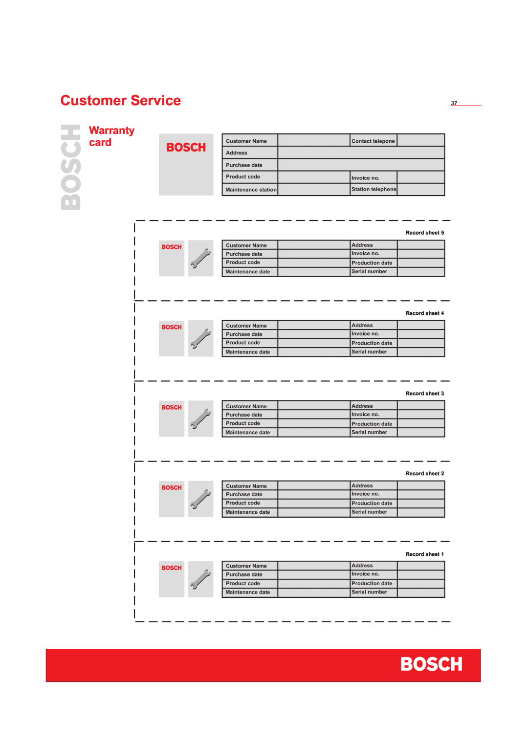Bosch Appliances WFD50818 installation instructions Warranty card, Customer Service 