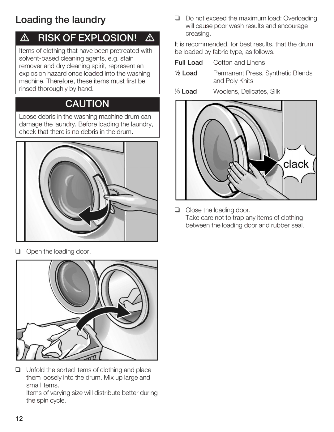 Bosch Appliances WFL 2060, WFL 2050 manual Loading the laundry, Risk O Explosion 