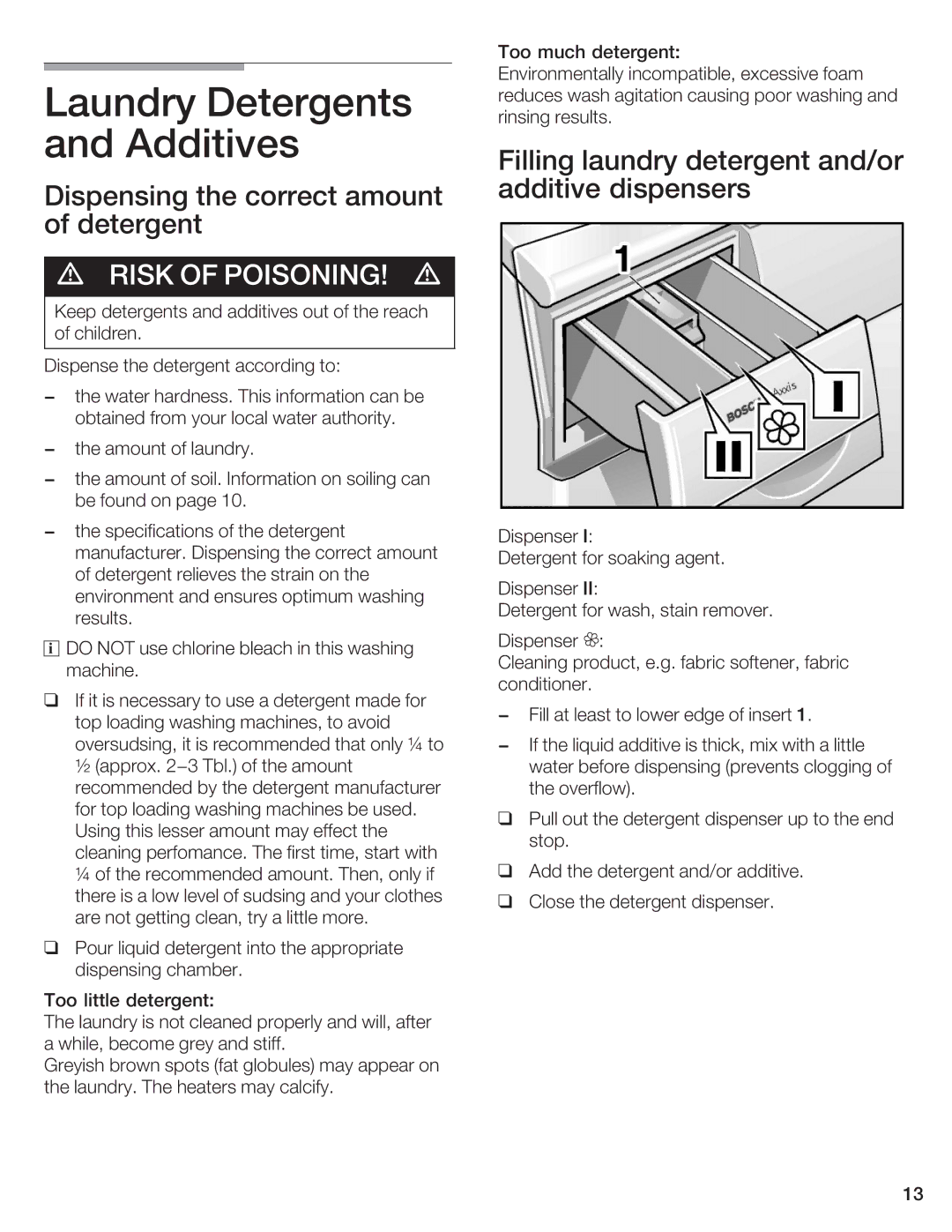 Bosch Appliances WFL 2050, WFL 2060 manual Laundry Detergents, AndAdditives, Risk of Poisoning 