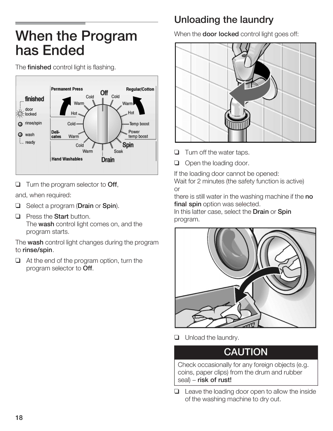 Bosch Appliances WFL 2060, WFL 2050 manual When the Program has Ended, Unloading thelaundry 