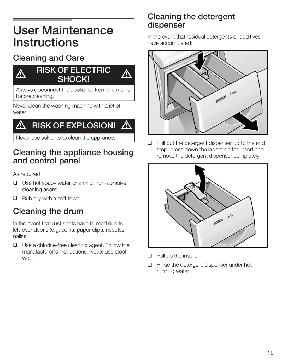 Bosch Appliances WFL 2050, WFL 2060 manual User Maintenance Instructions, Risk of Electric Shock, Risk of Explosion 