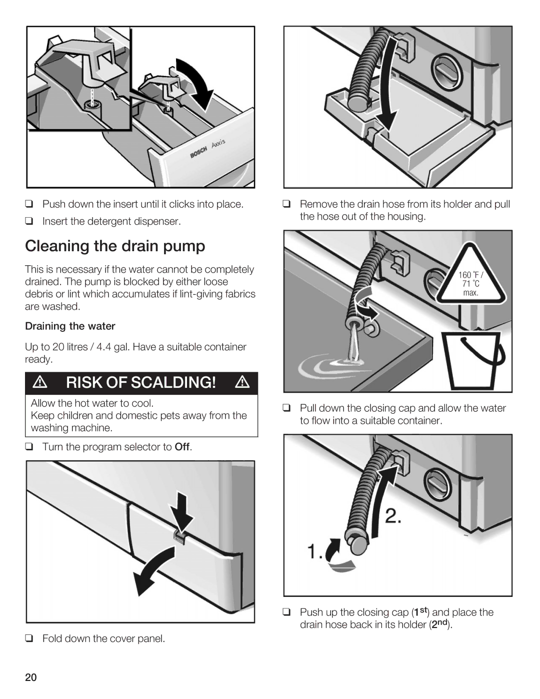 Bosch Appliances WFL 2060, WFL 2050 manual Leaning the drain pump, Risk of Salding 