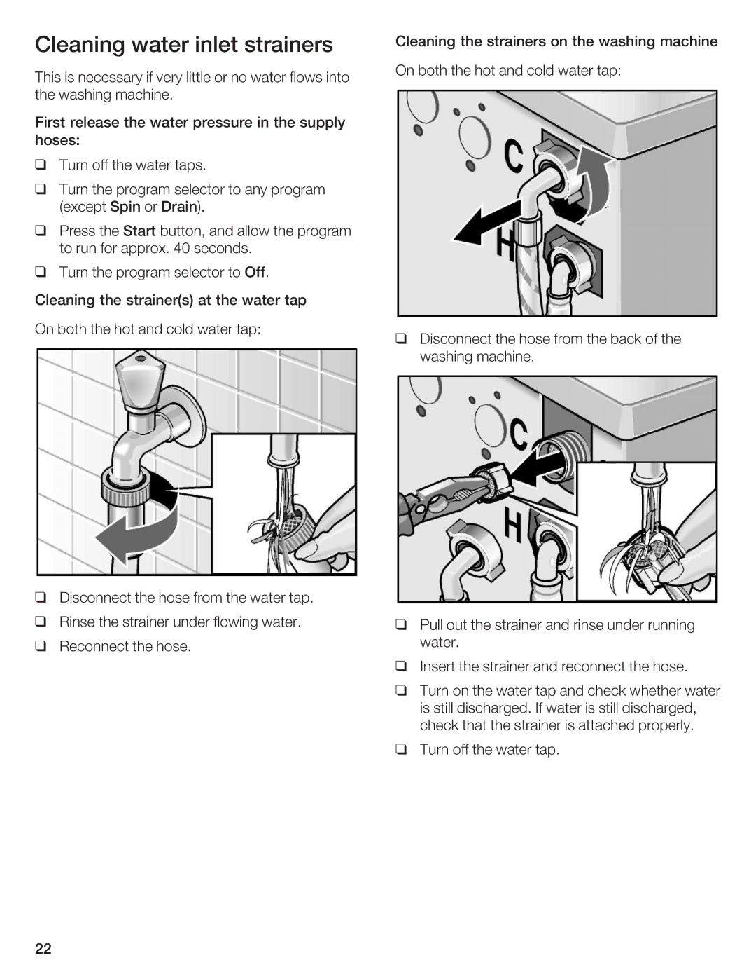 Bosch Appliances WFL 2060, WFL 2050 manual Cleaning Water Inlet Strainers 