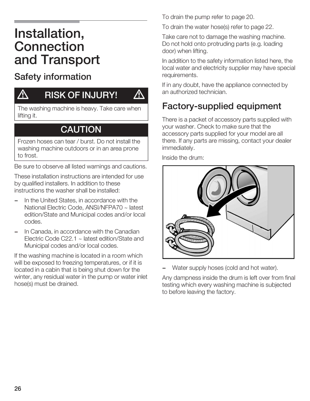 Bosch Appliances WFL 2060, WFL 2050 manual Installation, Connection, AndTransport, Risk Injury 