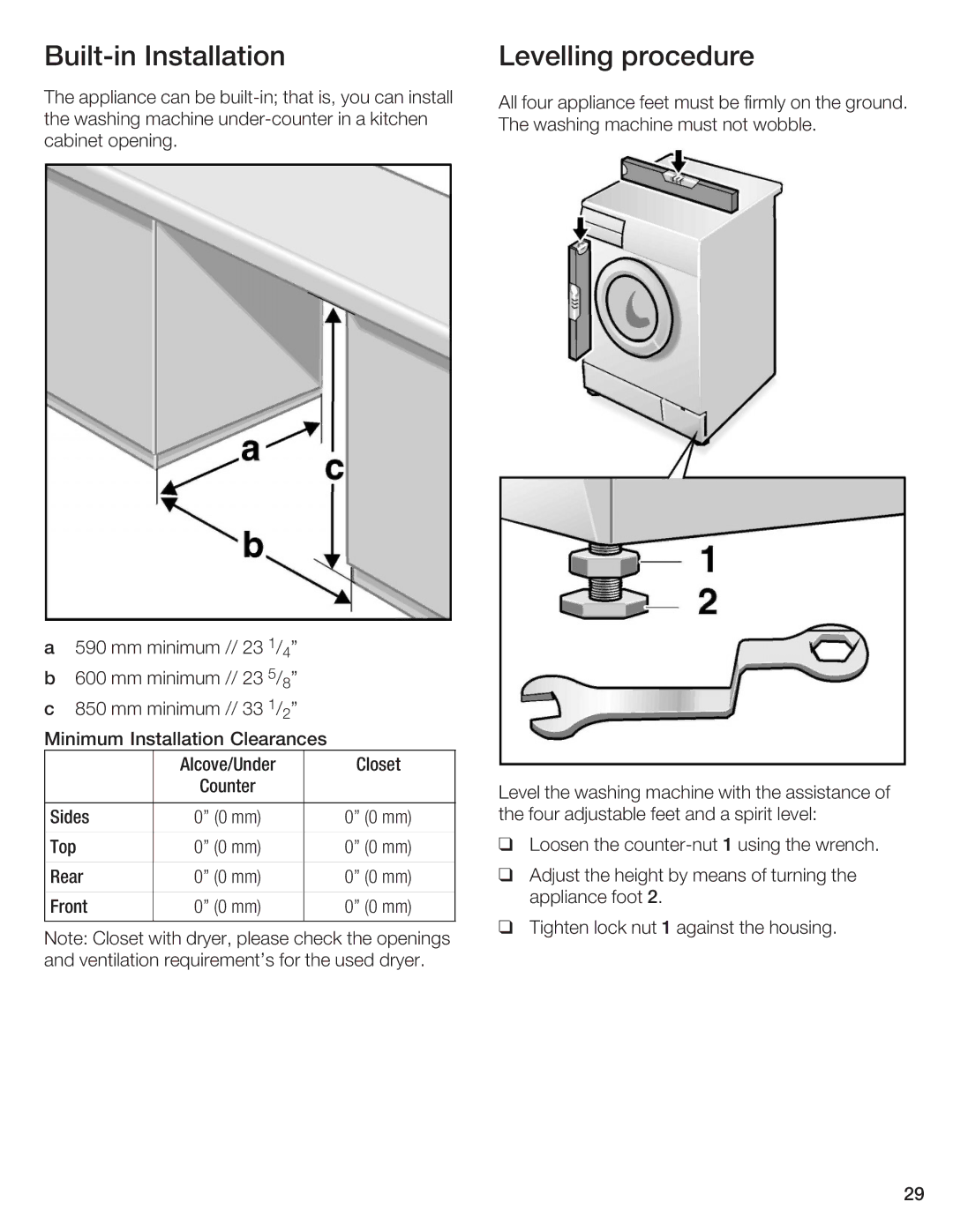 Bosch Appliances WFL 2050, WFL 2060 manual Builtin Installation Levelling Procedure 