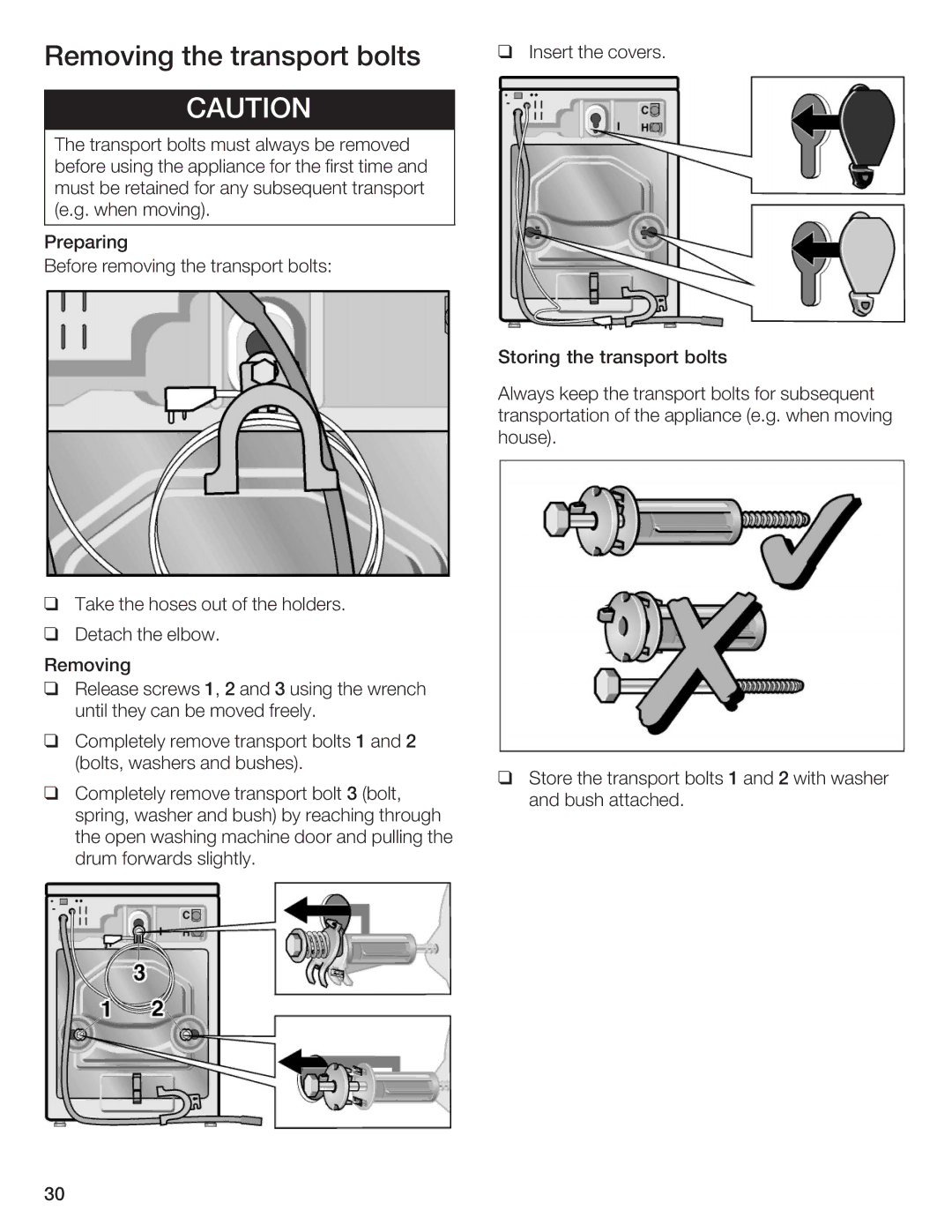 Bosch Appliances WFL 2060, WFL 2050 manual Removing the transport bolts Insert the covers, Aution 