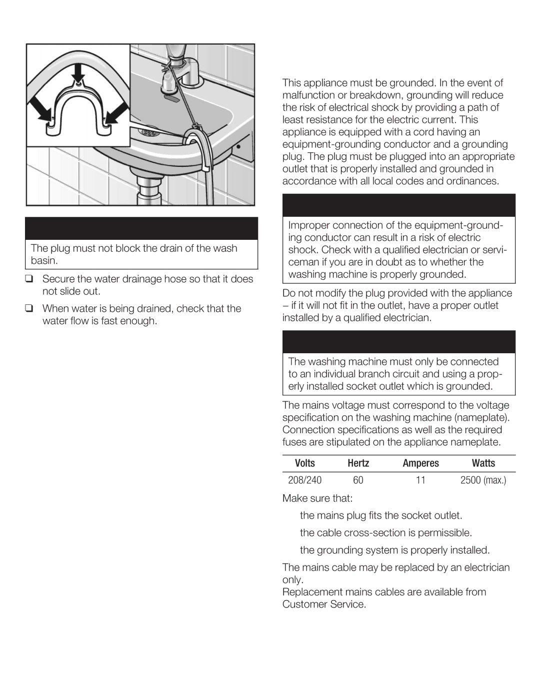 Bosch Appliances WFL 2050, WFL 2060 manual Electrical connection, Grunding Instructins 