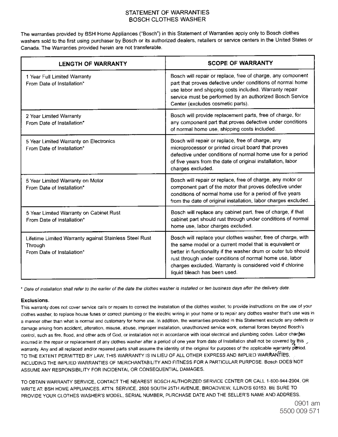 Bosch Appliances WFL 2060, WFL 2050 manual 0901 am 5500 009 